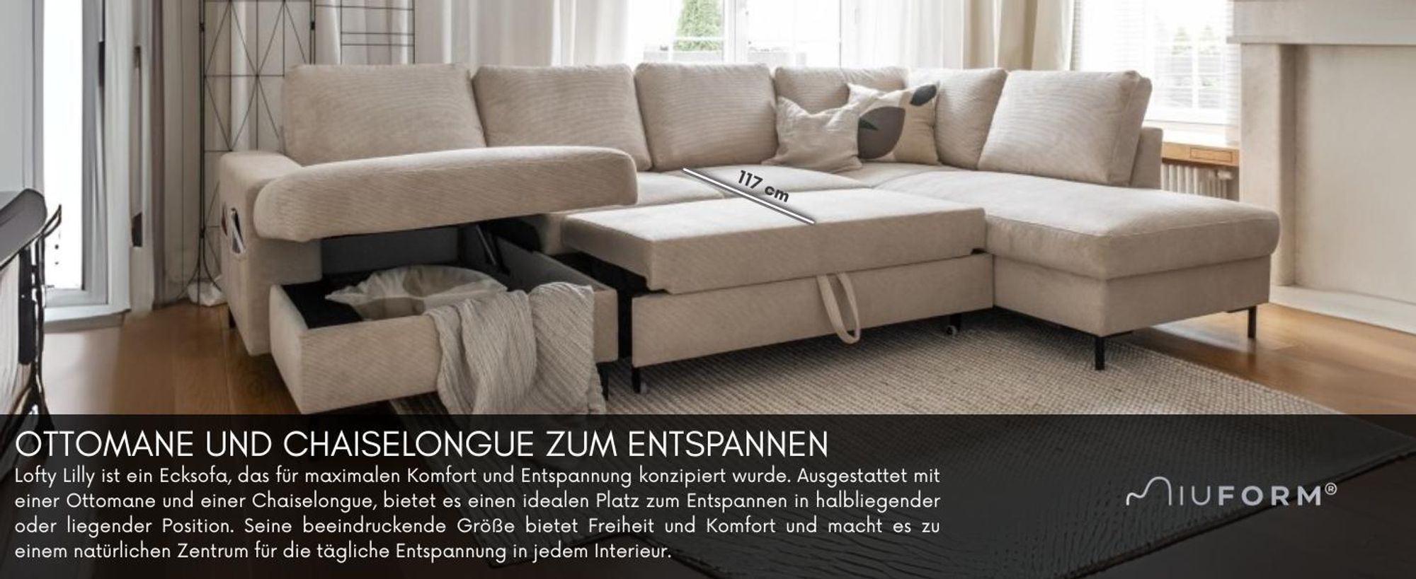 MIUFORM Lofty Lilly - Ecksofa mit Bettfunktion und Bettkasten U-FORM RECHTS - 303 x 197 cm - Beige - Sofa Schlafsofa Couch