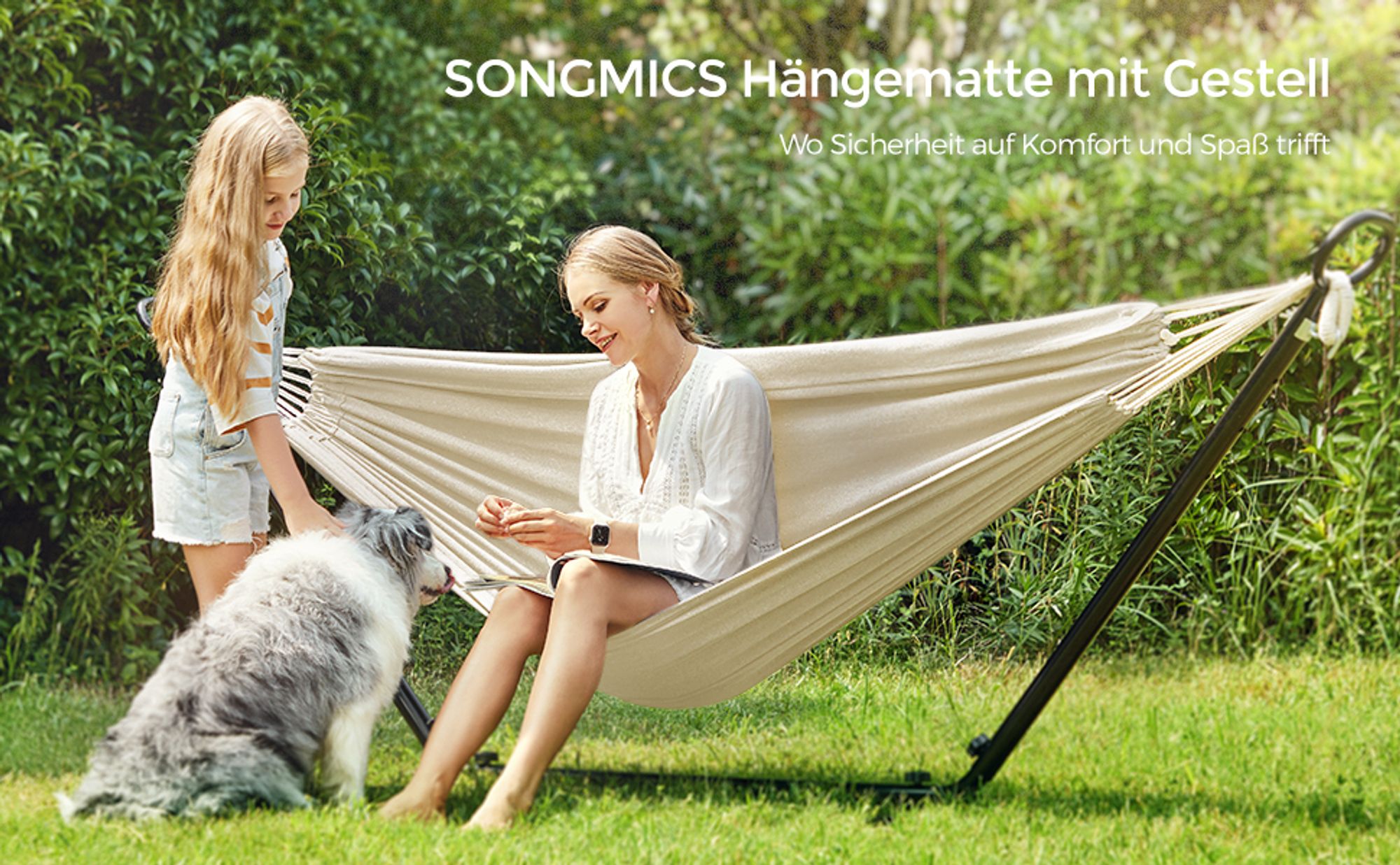 SONGMICS Hängematte mit Gestell, 210 x 150 cm, auf 5 Höhen verstellbar