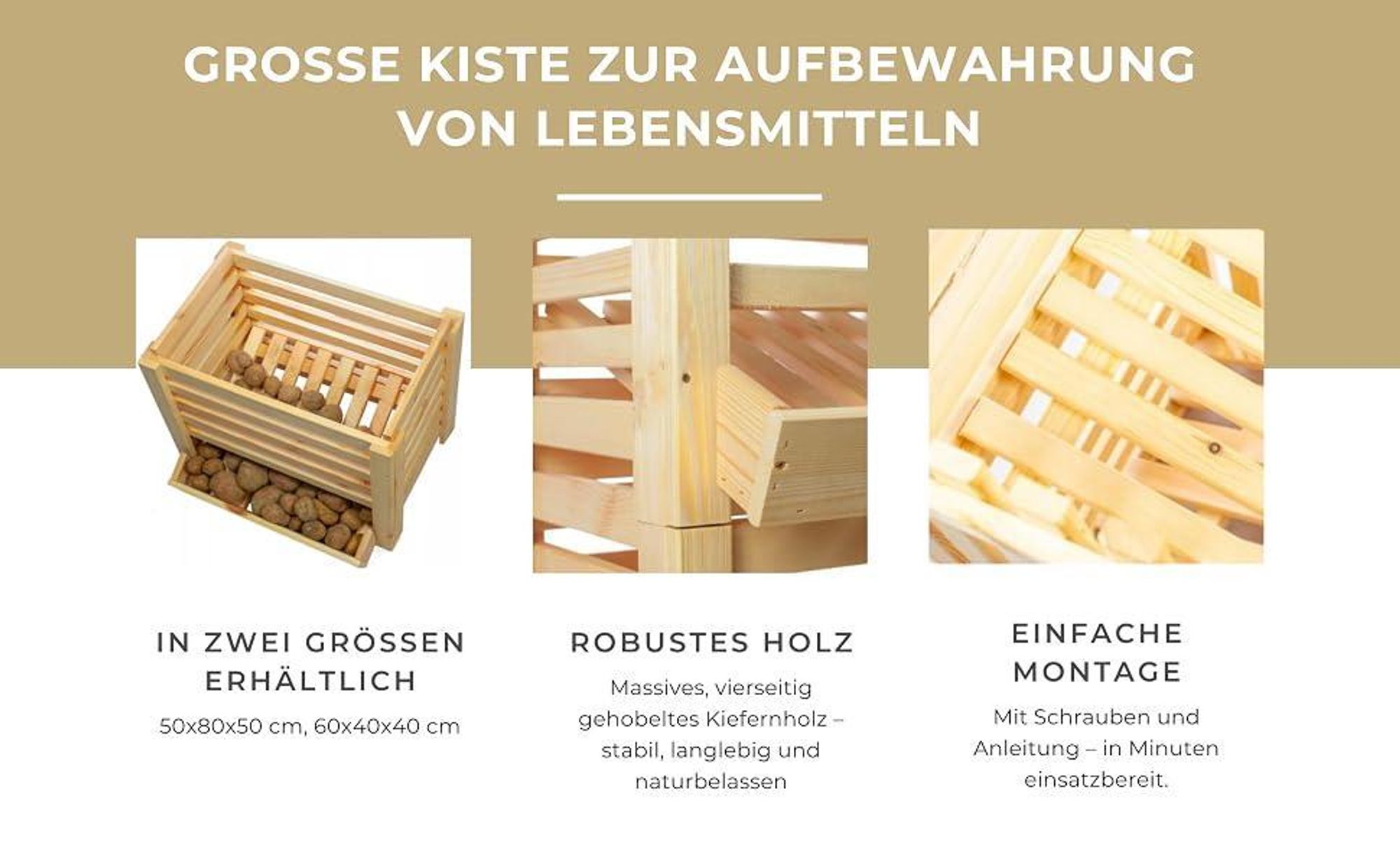 STOLMAK Kartoffelkiste Holz 80x50x50 cm – Große Aufbewahrungsbox für Kartoffeln, Zwiebeln, Obst & Gemüse – Stapelbare Holzkiste – Kartoffelbox Holz