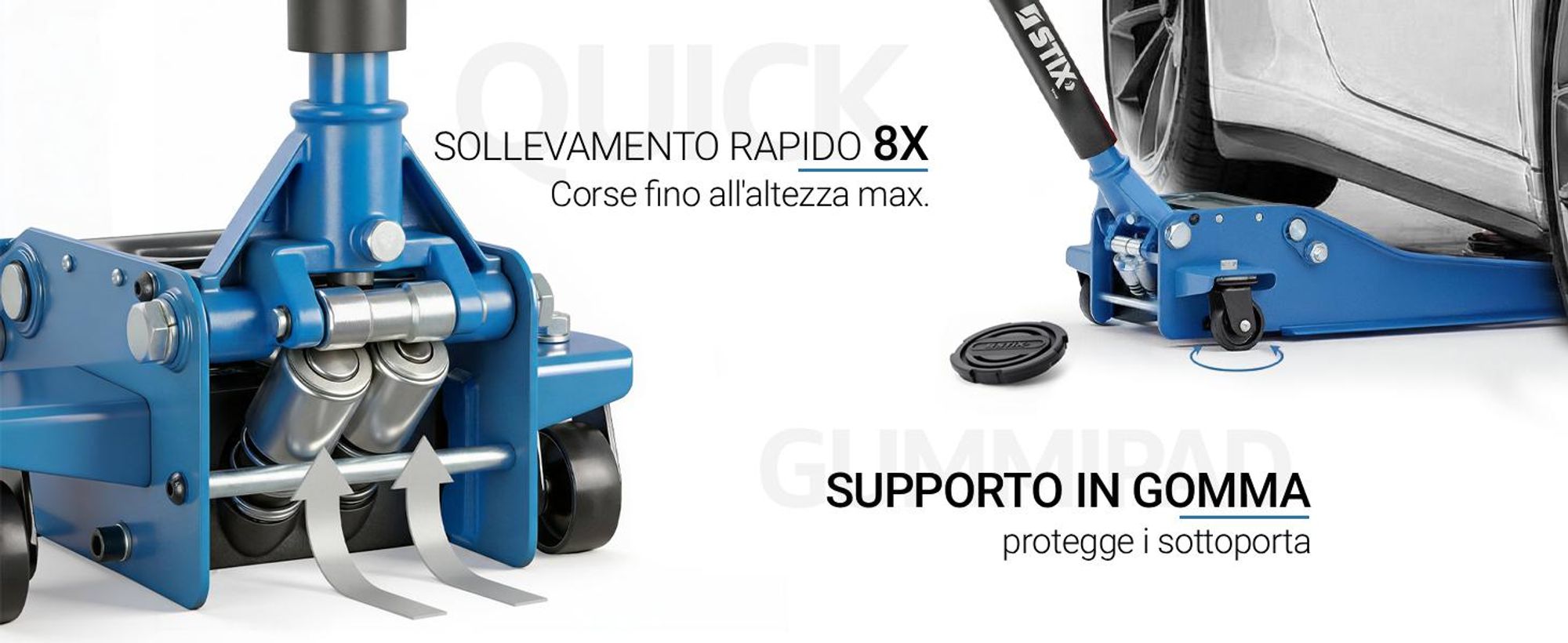 Sollevatore idraulico per autovetture PLN-01, capacità 3T, altezza di sollevamento 75–505mm, modello a doppio pistone