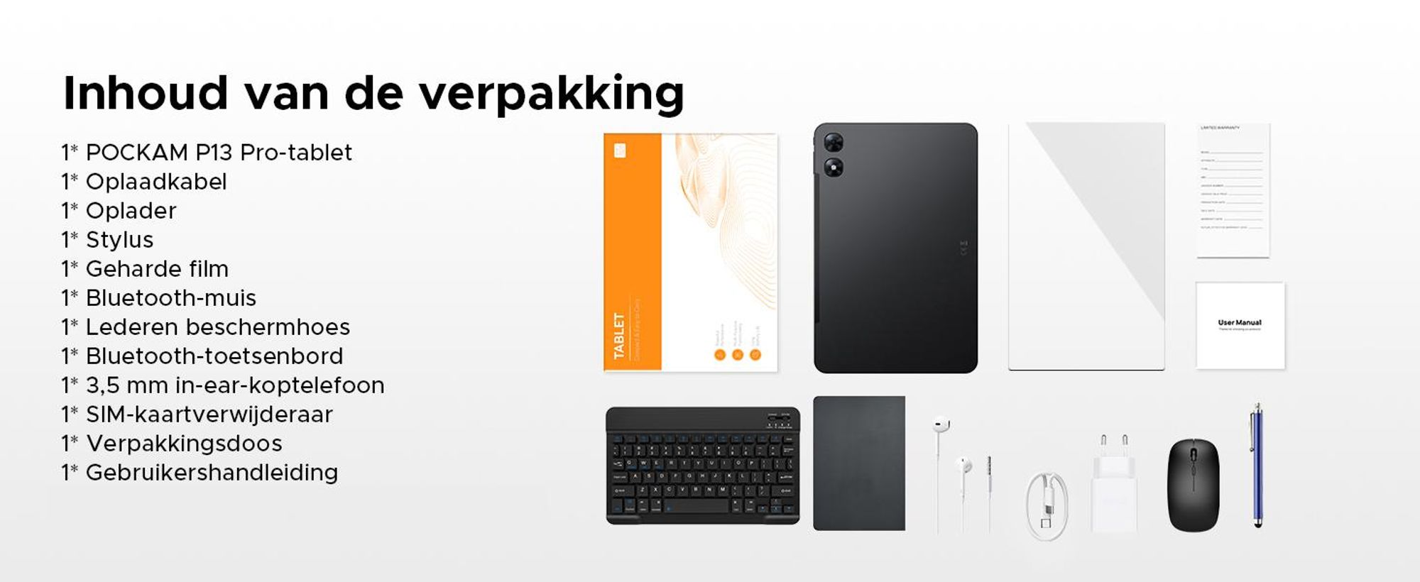 P13 Pro 4G LTE Tablet met dubbele SIM-kaart. Android 16, 13,4" scherm met 2.4K resolutie en 120Hz, 48GB (12+36) RAM + 256GB ROM (uitbreidbaar tot 2TB met TF-kaart), 12000mAh batterij, Widevine L1, Gemini AI – inclusief toetsenbord, muis en stylus