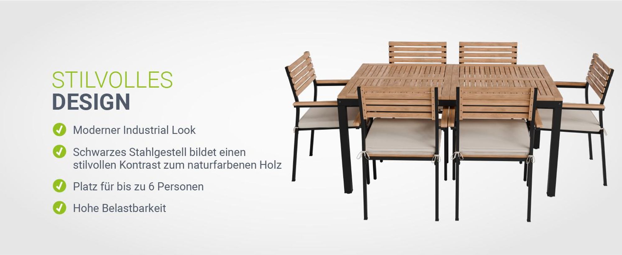 Juskys Akazienholz Gartengarnitur Rhodos - Tisch, 6 Stühle & Auflagen - Gartenmöbel Holz
