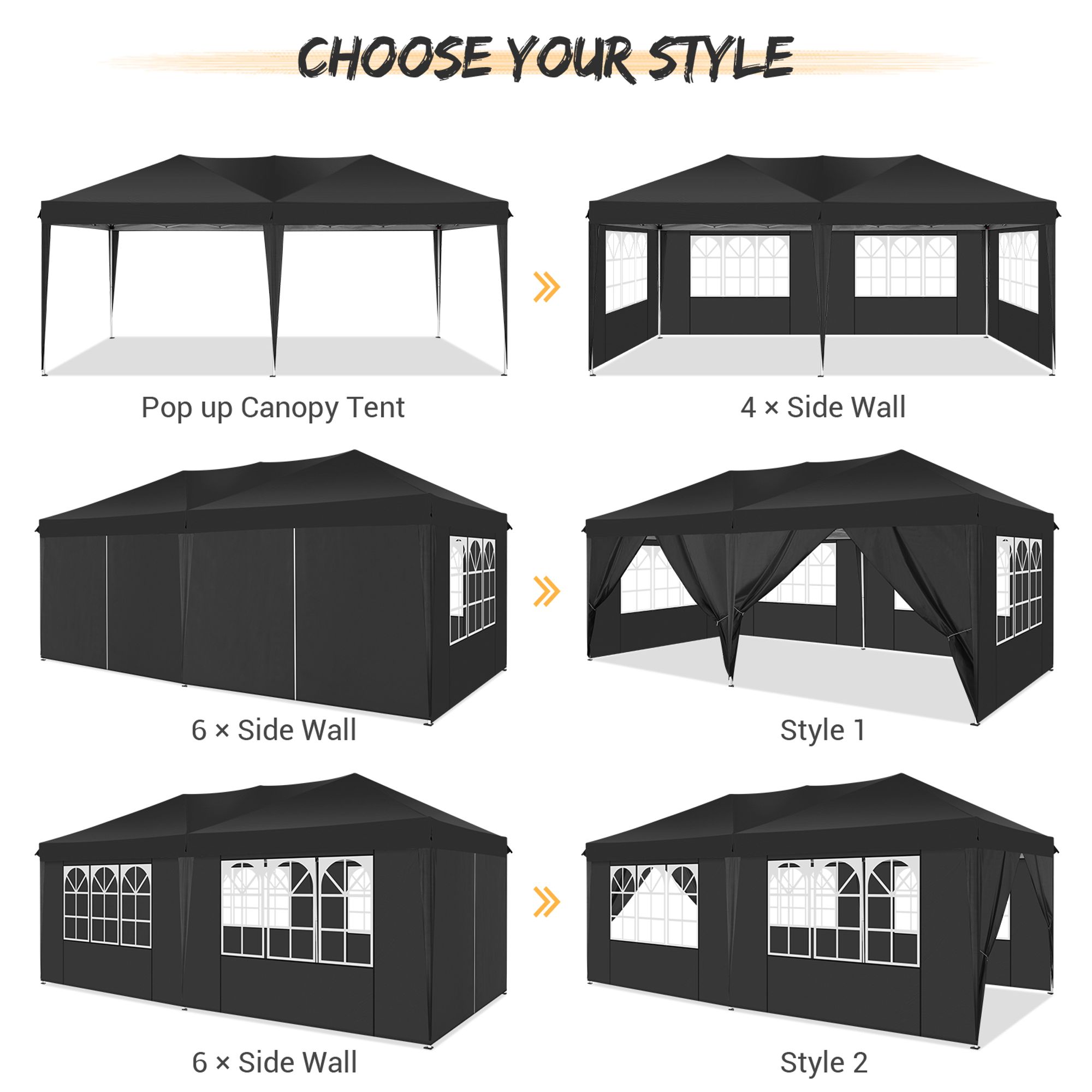 Pavillon 3x6m, Festzelt Faltpavillon Gartenzelt Wasserdicht, UV-Schutz, mit 4 Seitenteilen und 2 Eingängen, 12 Heringe & 4 Seile & 1 Tragetasche, für Garten Terrasse Feier Party, Grau