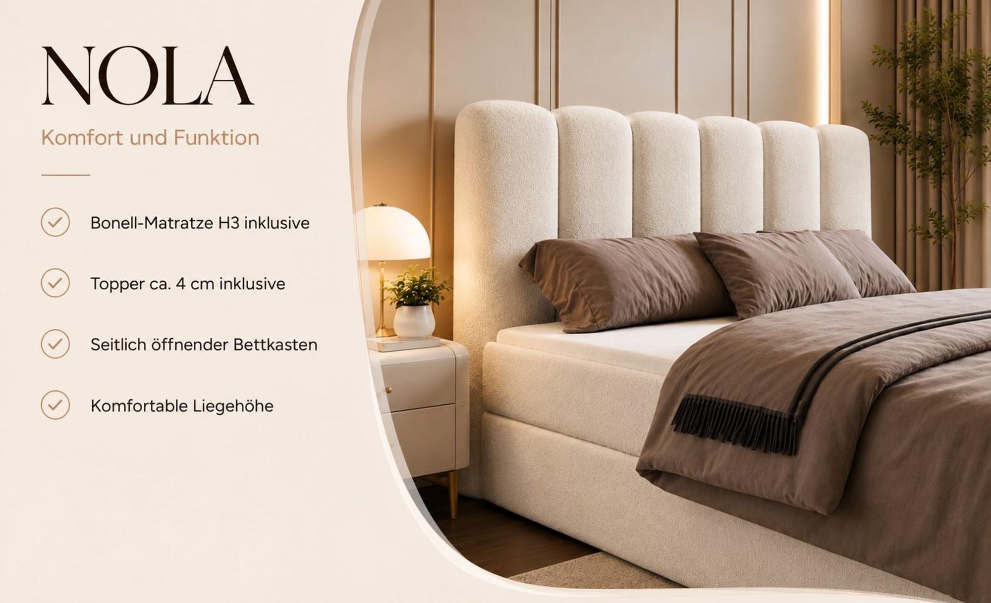 Boxspringbett 140x200 mit Bettkasten NOLA, Komplett-Set mit Bonell-Matratze H3 und Topper, Bouclé Creme