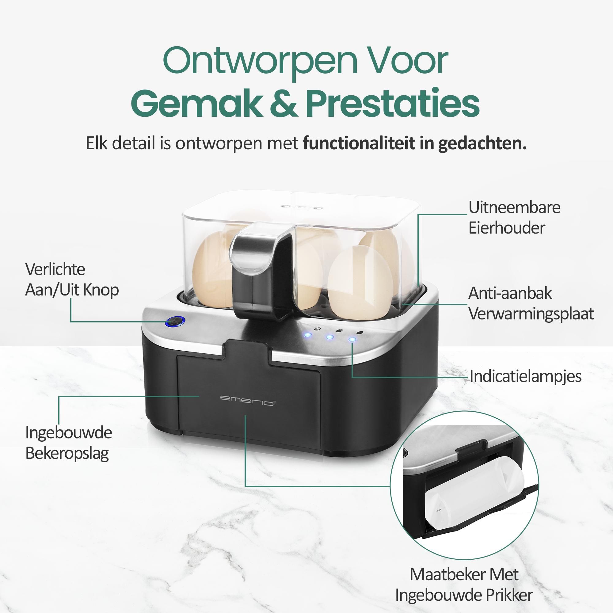 Emerio Smart Eierkoker EB-123177.12 – 6 Eieren – 400 W – Spraakfunctie – Zacht, Medium & Hard – Inclusief Maatbeker