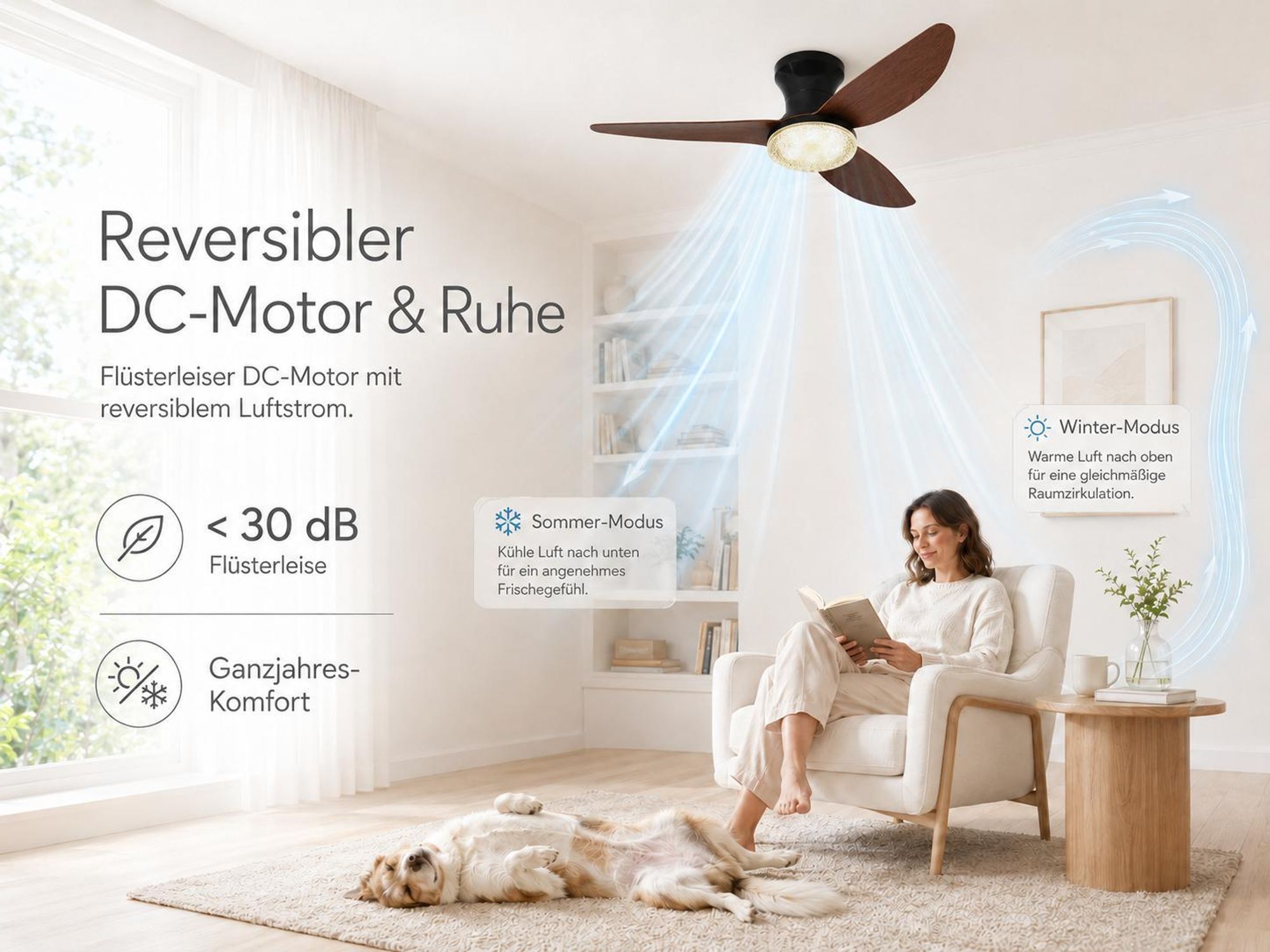 Deckenventilator mit Beleuchtung leise, Ø100cm DC Motor 6 Stufen, Smart APP & Fernbedienung, Dimmbar 3 Farben Umkehrbare Windrichtung Wohnzimmer Büro