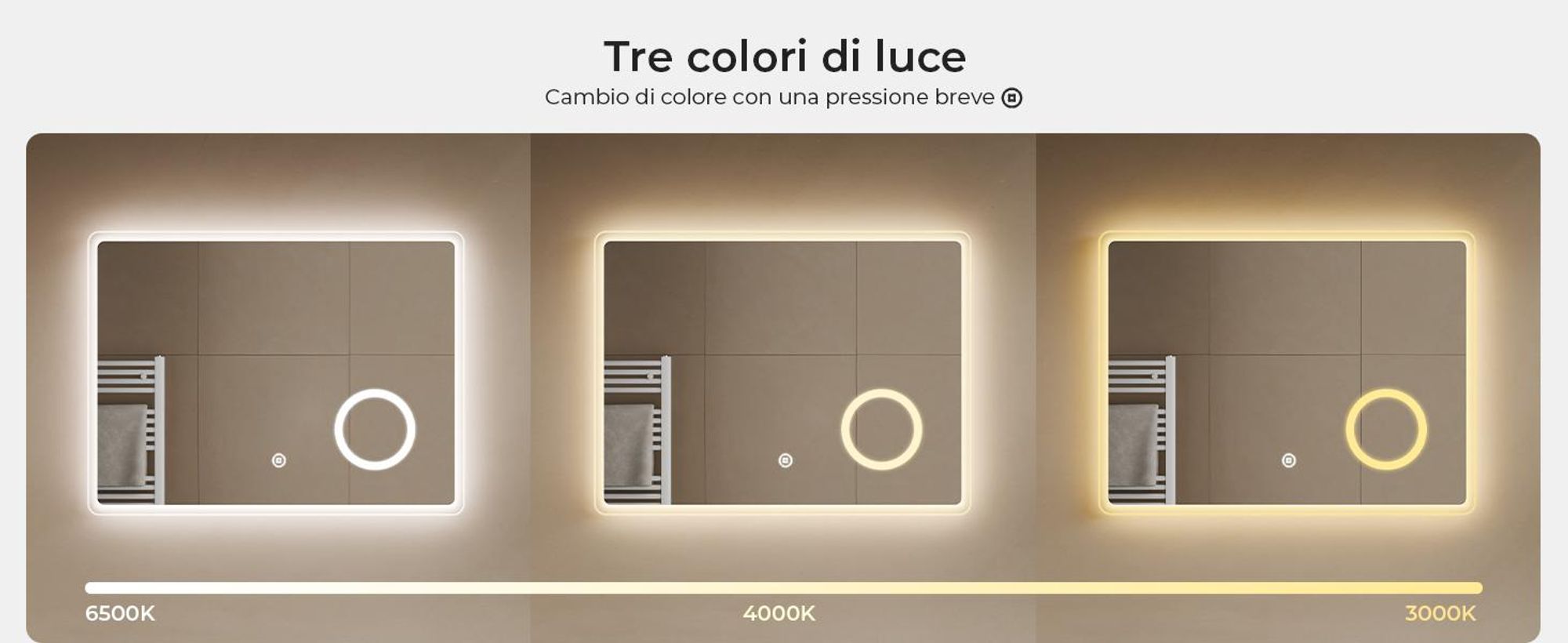 S'AFIELINA Specchio da bagno a LED 80 x 60 cm specchio da parete con interruttore a sfioramento+senza nebbia+3 colori di luce 3000K/4000K/6500K specchio illuminato con 3 ingrandimenti