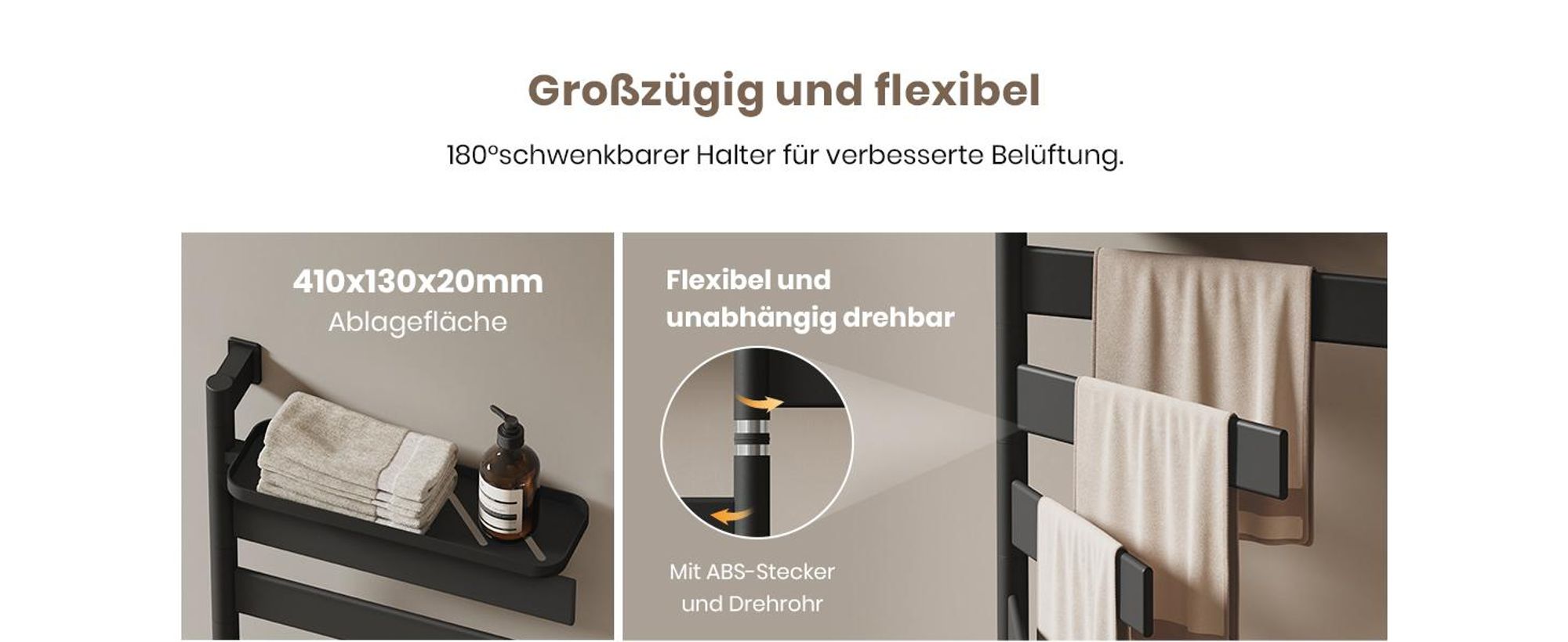 EMKE Elektrischer Badheizkörper mit drehbarem Handtuchhalter und Ablage Thermostat WiFi-App Sprachsteuerung Timer 76x45x14cm schwarz