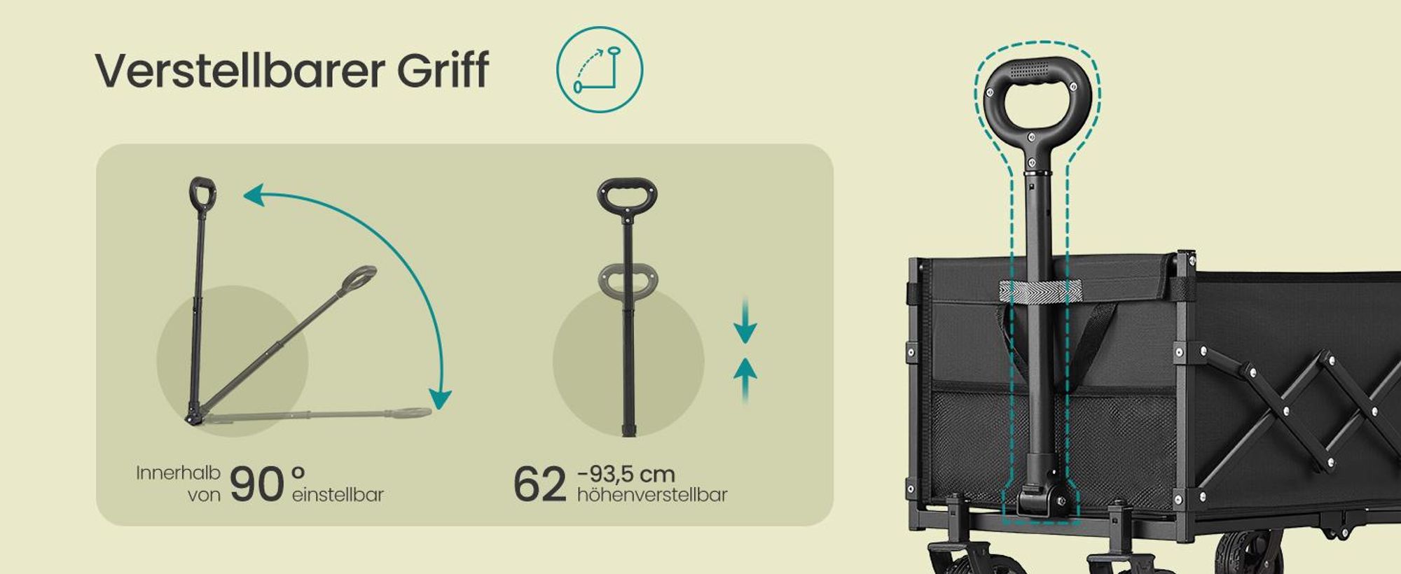 SONGMICS Faltbarer Bollerwagen, Transportwagen mit Griff, 4 verstärkte Rollen, 150 L, Outdoor, bis 150 kg, Garten, schwarz