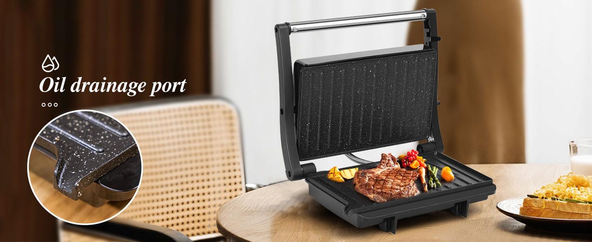 Aigostar - XXL Kontaktgrill Panini Grill, Sandwich Maker, Edelstahl, 1000W , Gleichmäßige Erwärmung, 180° Kontaktgrill, Leicht zu lagern