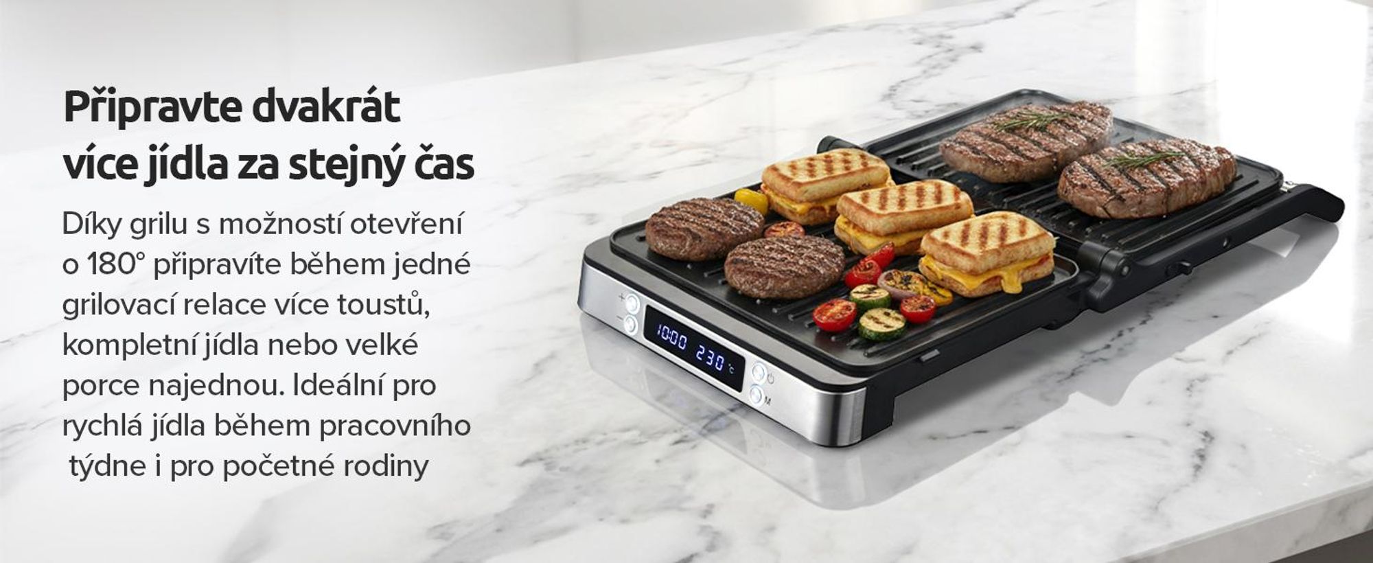 Kontaktní gril Olvy XXL 2000W - sendvičovač pro 4 sendviče, panini maker se 7 programy, stolní gril s displejem, bez PFAS, nastavitelný do 230°