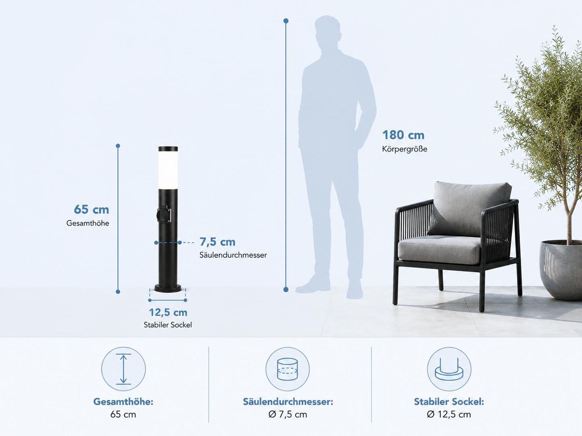 MasterLED Pollerleuchte mit Steckdose Wegeleuchte Gartenleuchte Außenleuchte E27 IP44 65cm Schwarz Edelstahl
