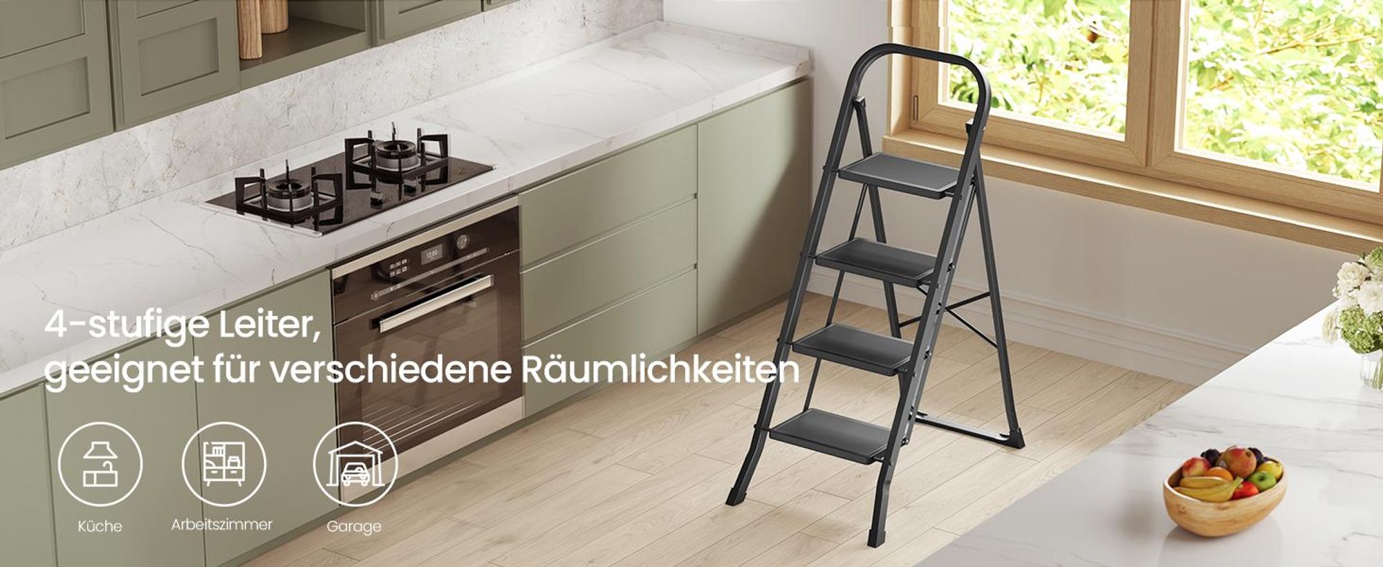 SONGMICS Stehleiter, 4-stufig, Klapptritt mit Klappsicherung, platzsparend, für Haushalt, bis 150 kg belastbar, schwarz