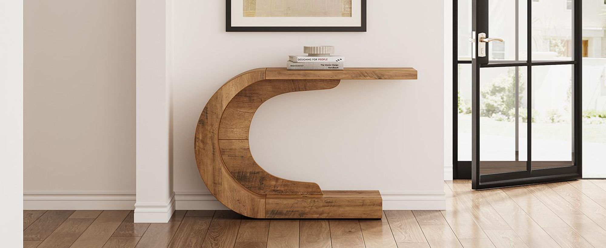 LITTLE TREE Consolle in stile rustico, 110 cm, tavolino da divano a forma di C a 2 livelli, tavolino stretto in legno per ingresso, corridoio, marrone rustico