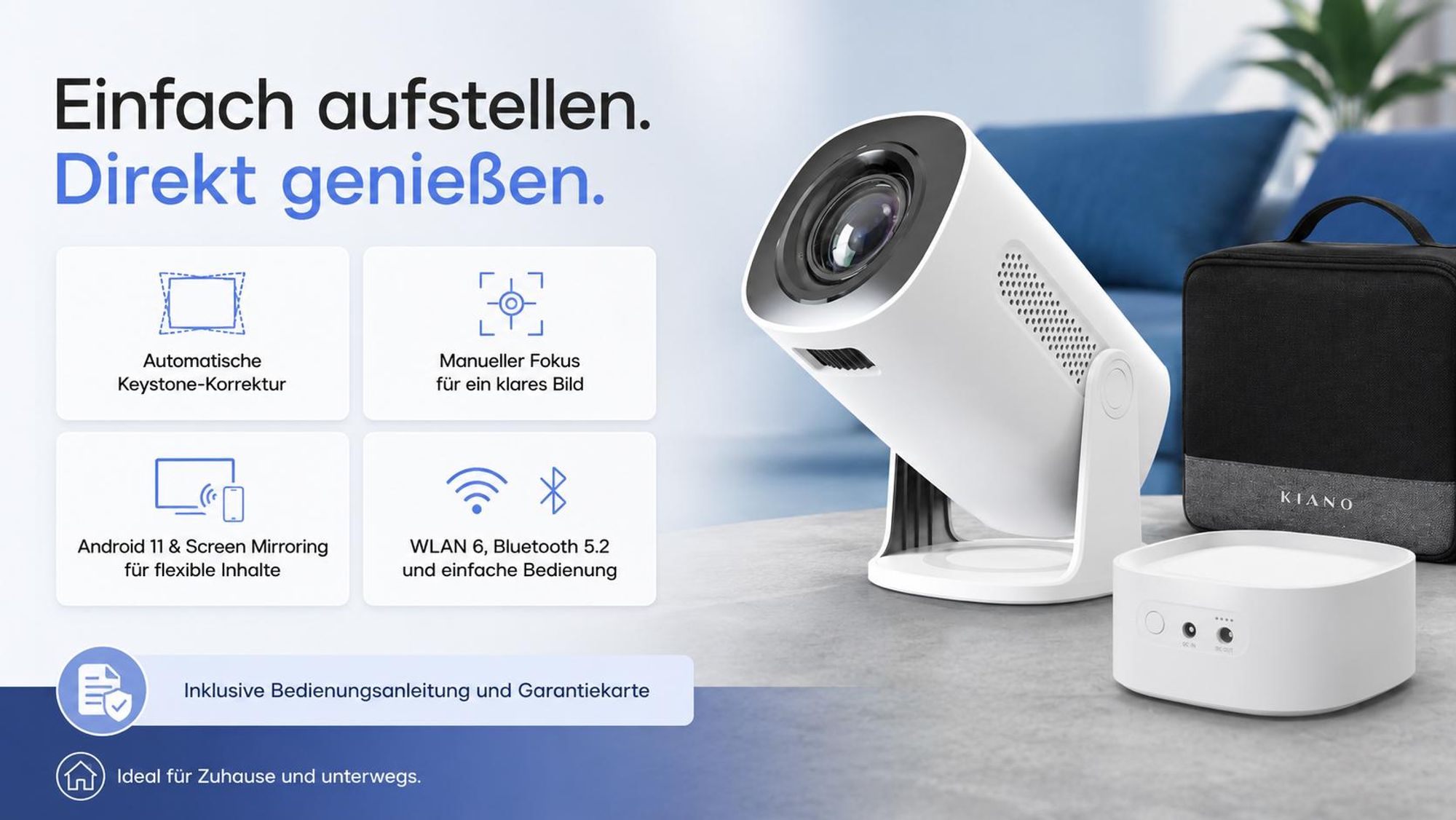Kiano Vision Mini Beamer tragbar, 1280x720 HD, Android 11 Smart TV, Akku