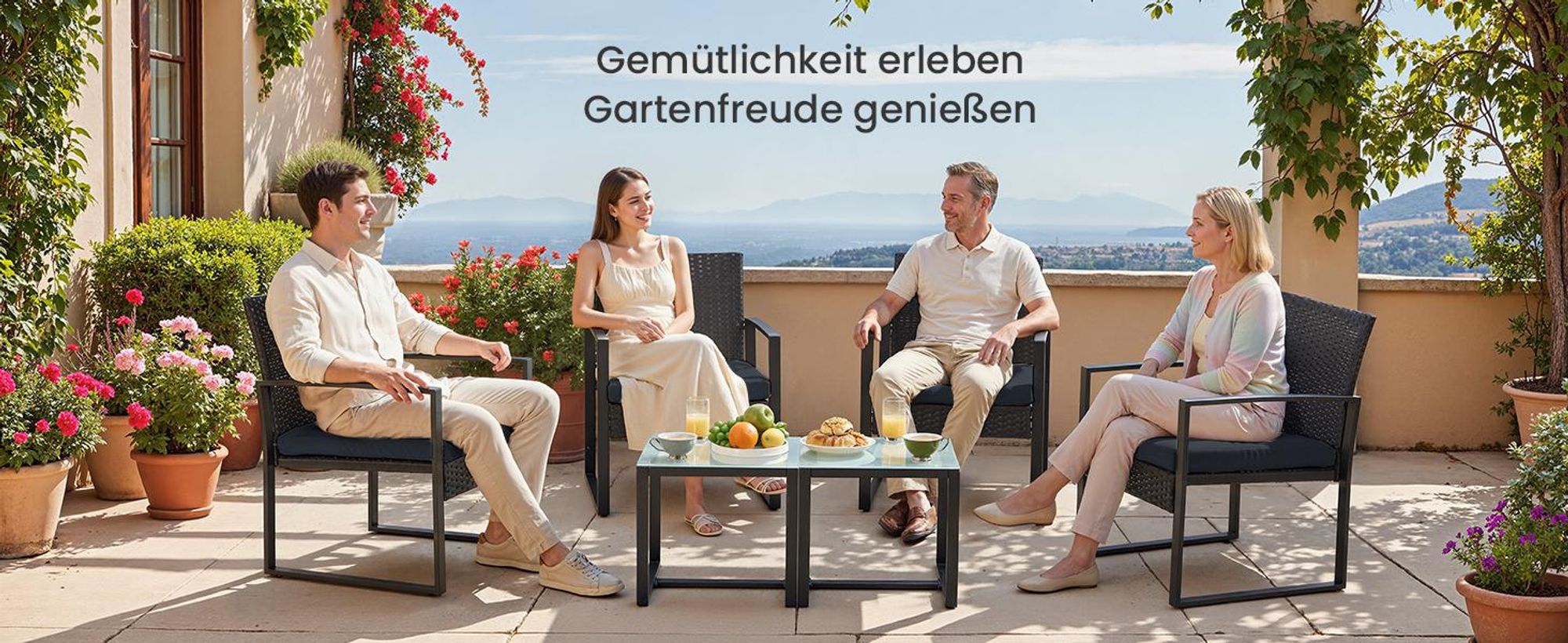 SONGMICS Balkonmöbel, aus PE-Polyrattan, Lounge-Set, Tisch und 2 Stühle, GGF010B05