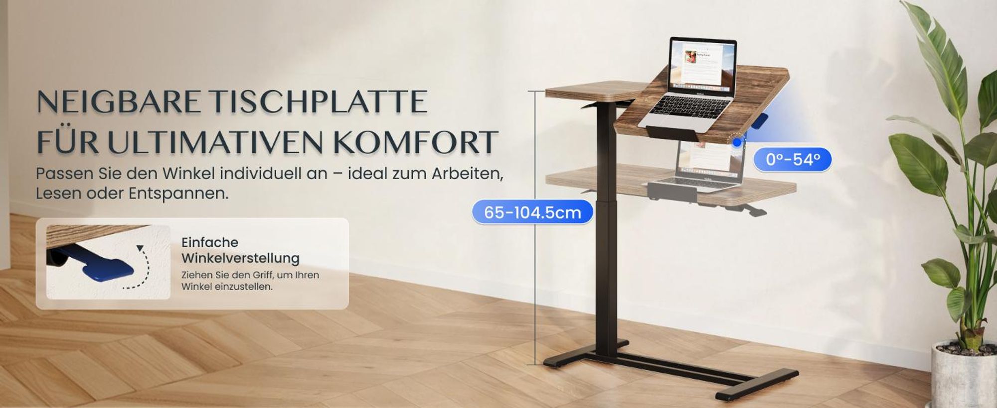FLEXISPOT Beistelltisch Höhenverstellbar 80x40cm Laptoptisch mit Neigbarer Desktop, Betttisch mit Rollen, für Wohnzimmer und Schlafzimmer, Braun