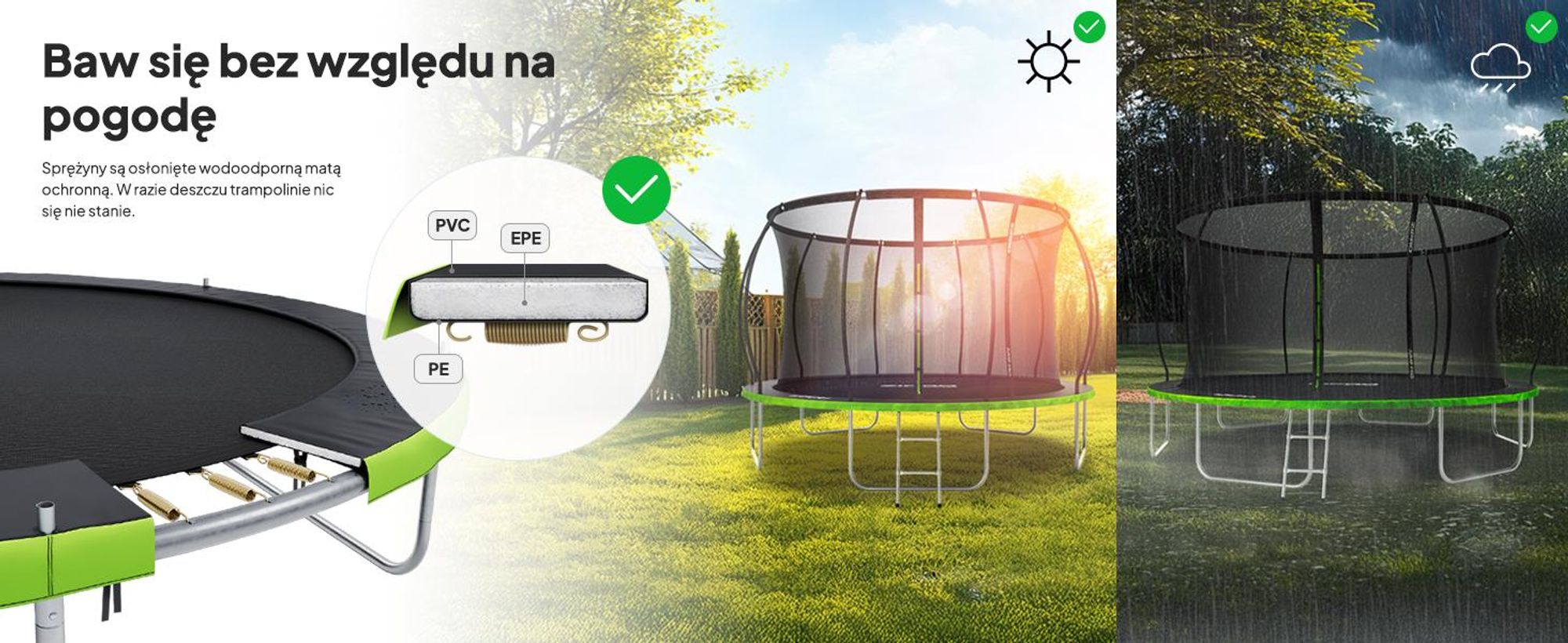 Trampolina ZIPRO Jump Pro Premium | 12FT Ø 374 cm | Trampolina ogrodowa Trampolina dla dzieci Kompletny zestaw z siatką, drabinką i osłoną krawędzi, do użytku na zewnątrz, zielona