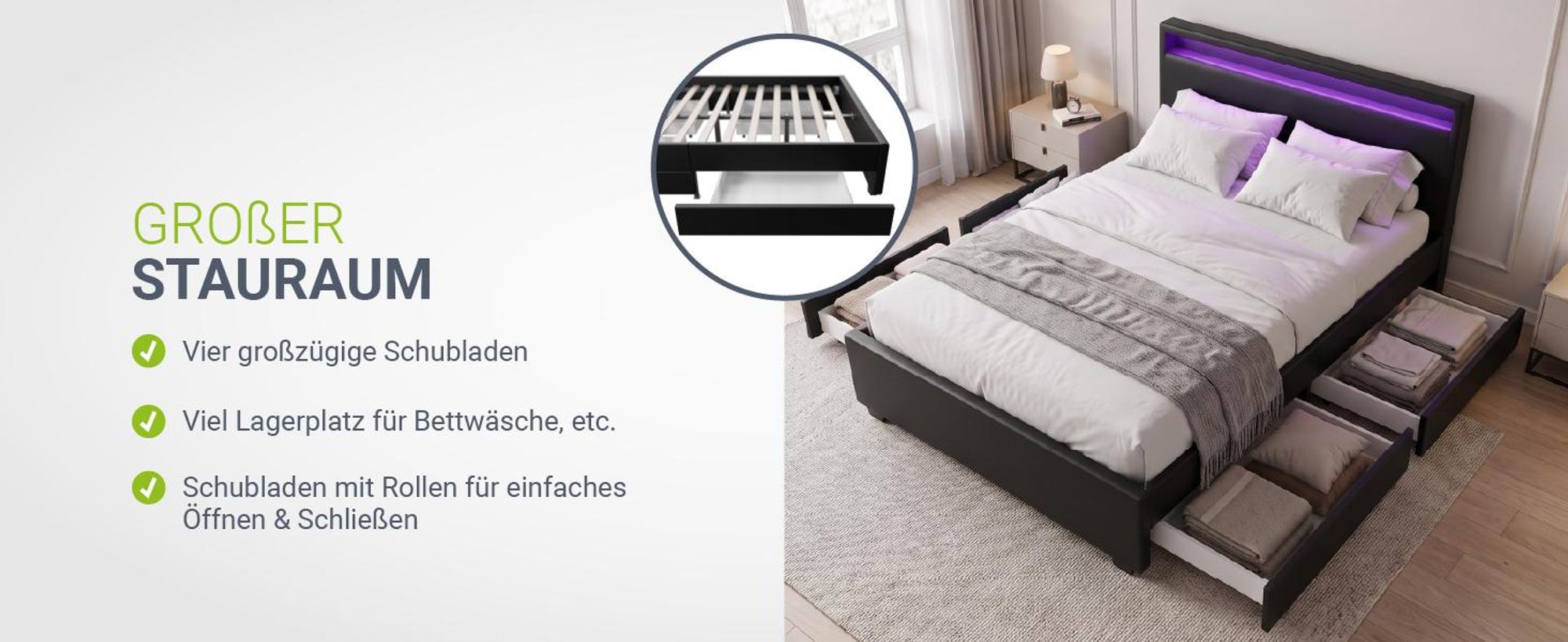Juskys Polsterbett Lyon 140 x 200 cm schwarz – Bettgestell mit Lattenrost, Bettkasten & LED Beleuchtung  – Kunstleder & Holz – Bett Jugendbett
