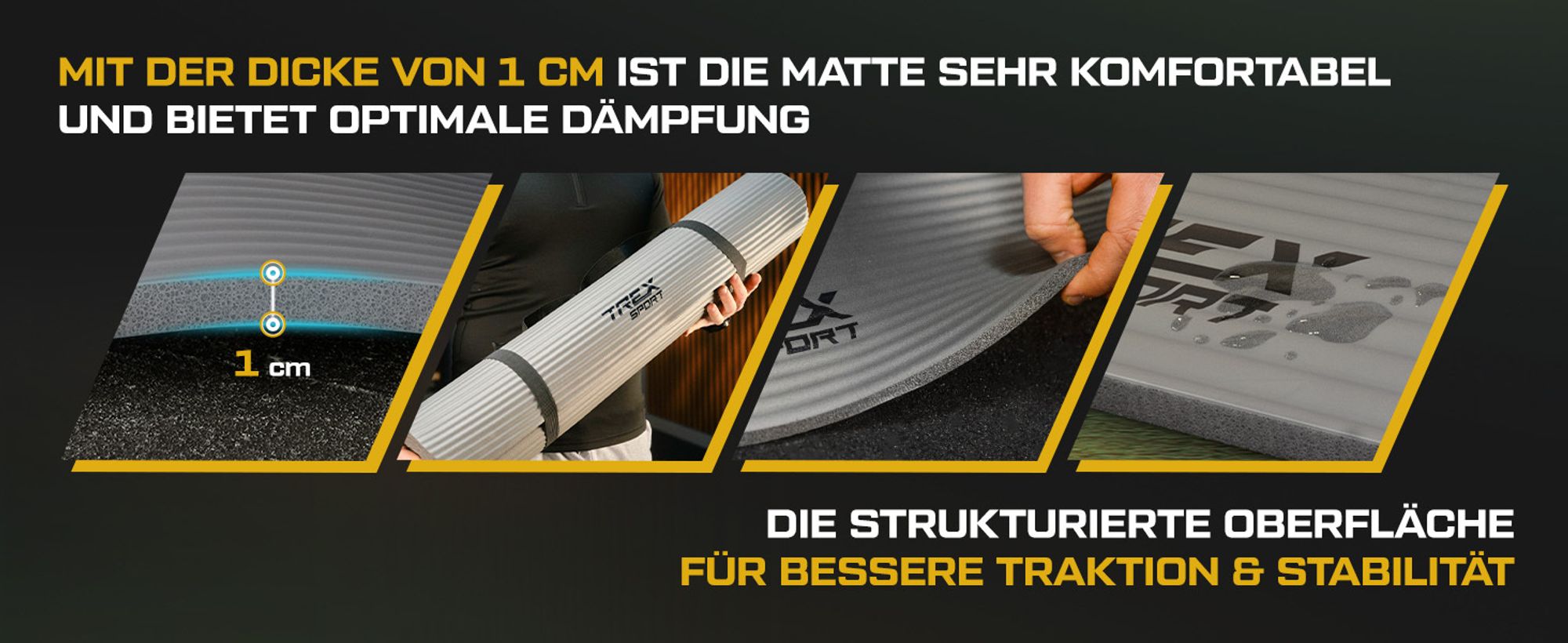 TREX SPORT Gymnastikmatte Fitnessmatte TX-019NGM | Yogamatte Pilates 190×80×1cm | Trainingsmatte rutschfest, wasserdicht, Tragegurt | Sportmatte grau