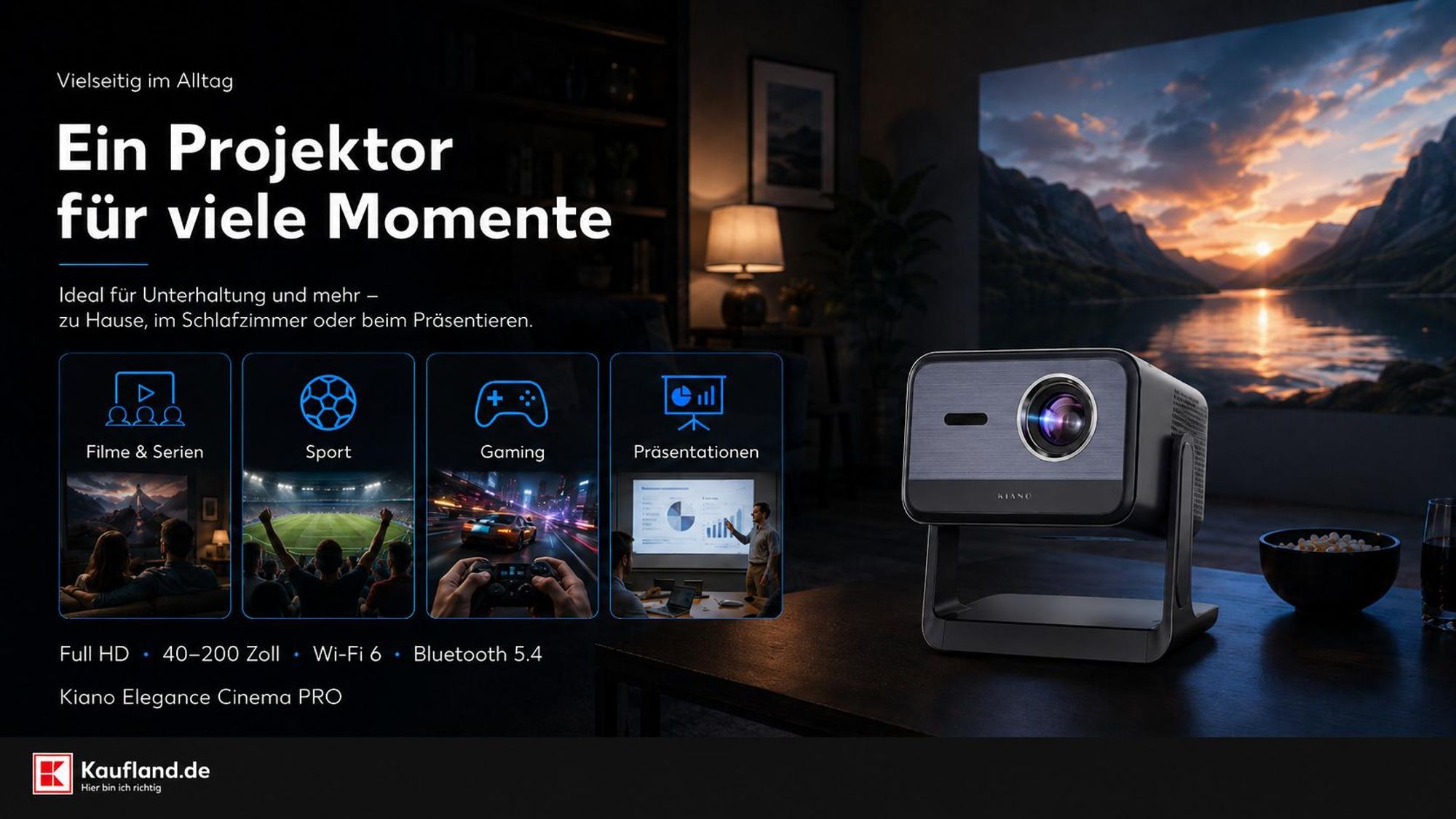 Kiano Elegance Cinema PRO Full HD Smart Beamer Netflix WiFi 6 200 Zoll Bluetooth