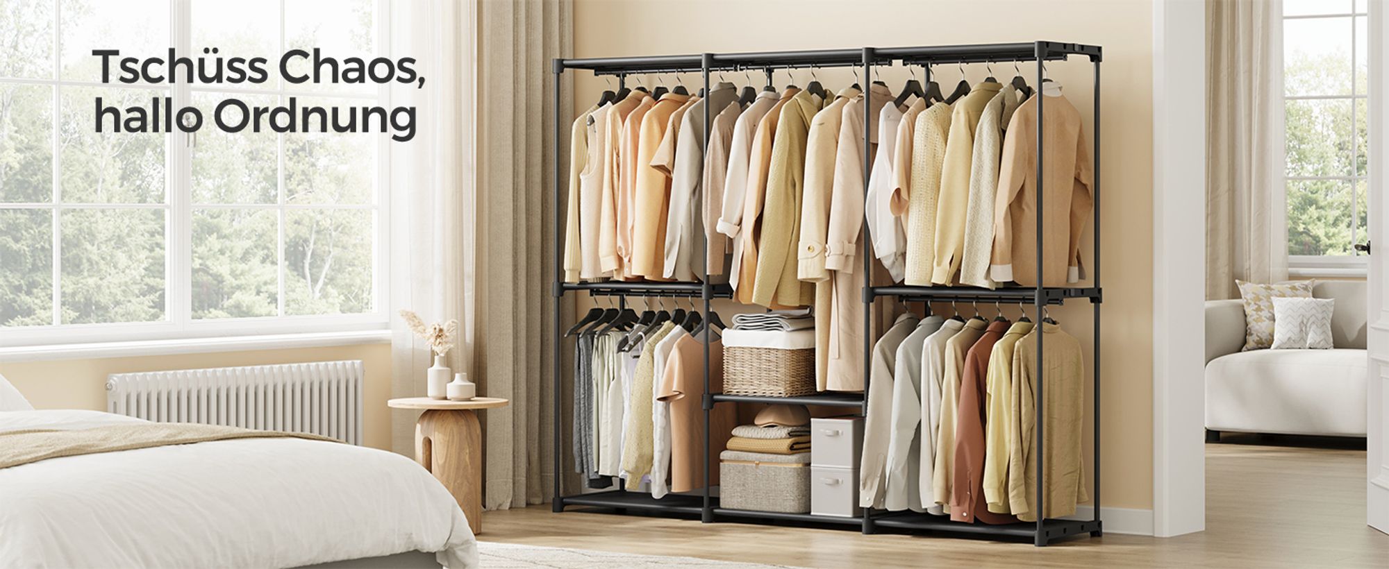 SONGMICS Kleiderschrank offen, Kleiderständer, Kleiderstange, Garderobe, 5 Hängefächer, viel Platz, für Schlafzimmer, Wohnzimmer, 205 x 43 x 166 cm