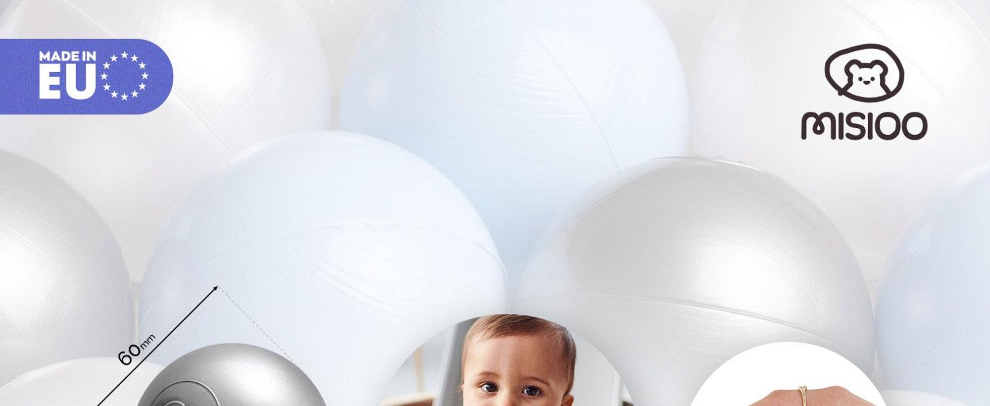 MISIOO Balles pour bain de balles 150 pièces - Balles pour bain de balles - Balles Ø 6 cm - Balles en plastique fabriquées en 100% LDPE - Jouets bébé - Bleu clair/perles/argenté