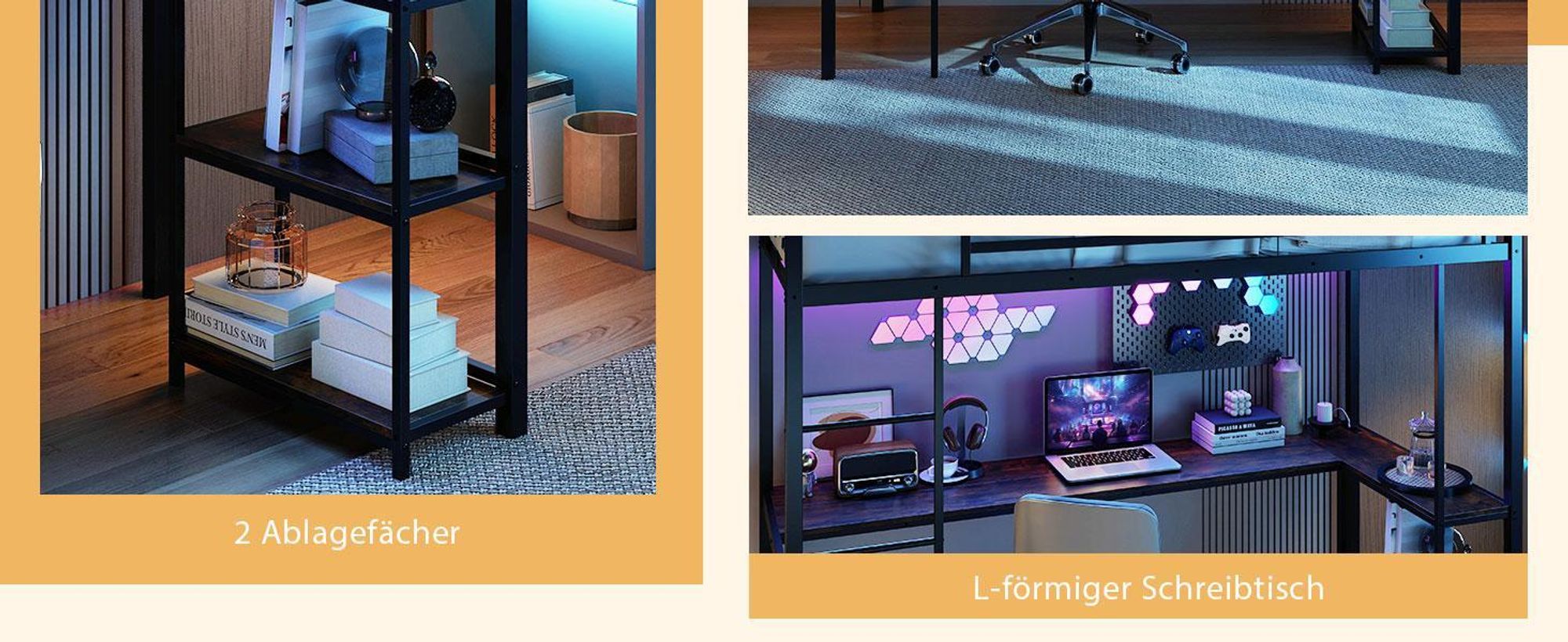 COSTWAY Hochbett Etagenbett 90x200cm mit Schreibtisch, LEDs, Ladestation, 2 Ablagen, Sicherheitsgeländer & Leiter, Stockbett Kinderbett Metall Silber