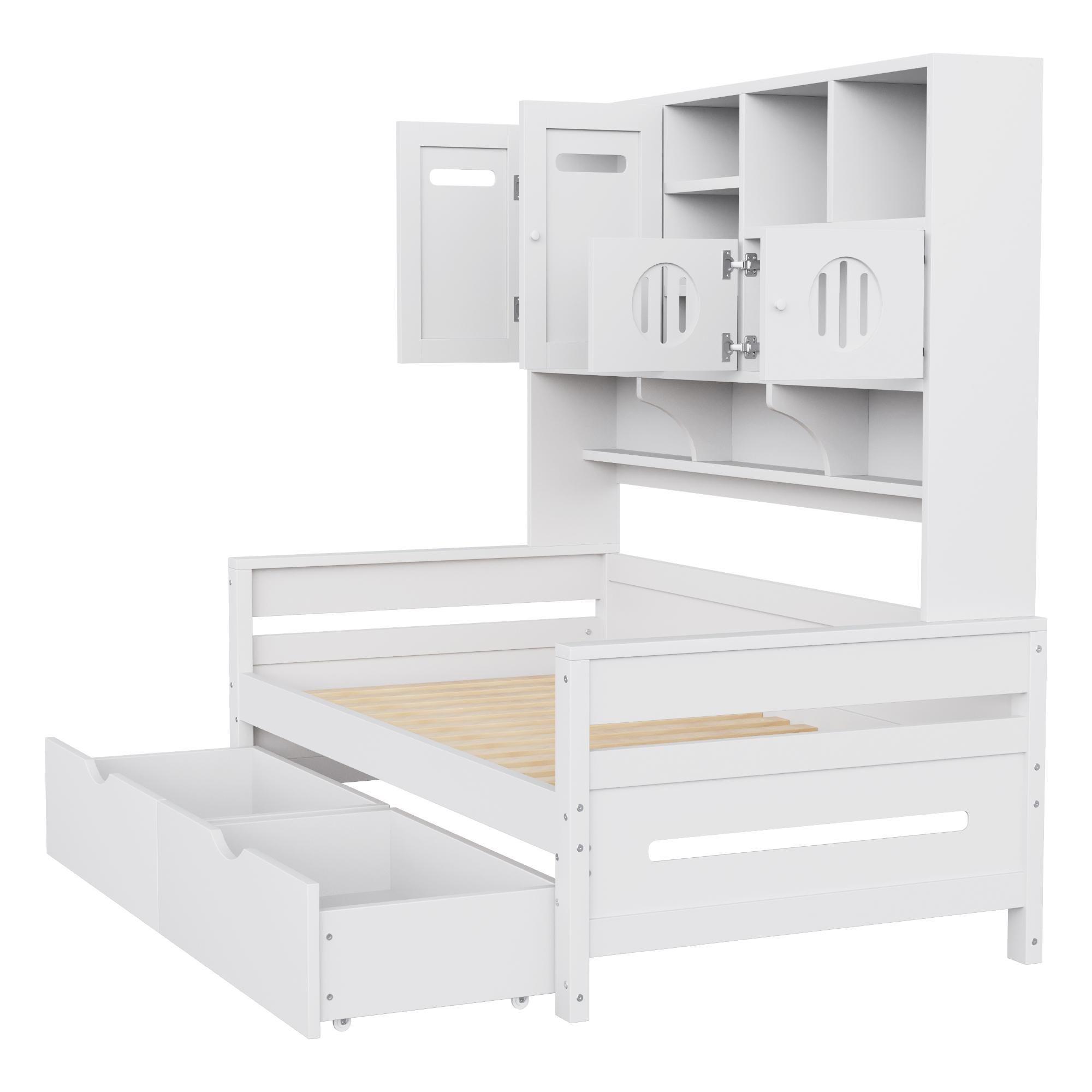 Merax Tagesbett Holz-Sofabett 90x200cm, Multifunktionsbett mit Regal, Kinderbett mit Schrank und 2 Schubladen, Massivholz Gästebett/Jugendbett, Weiß