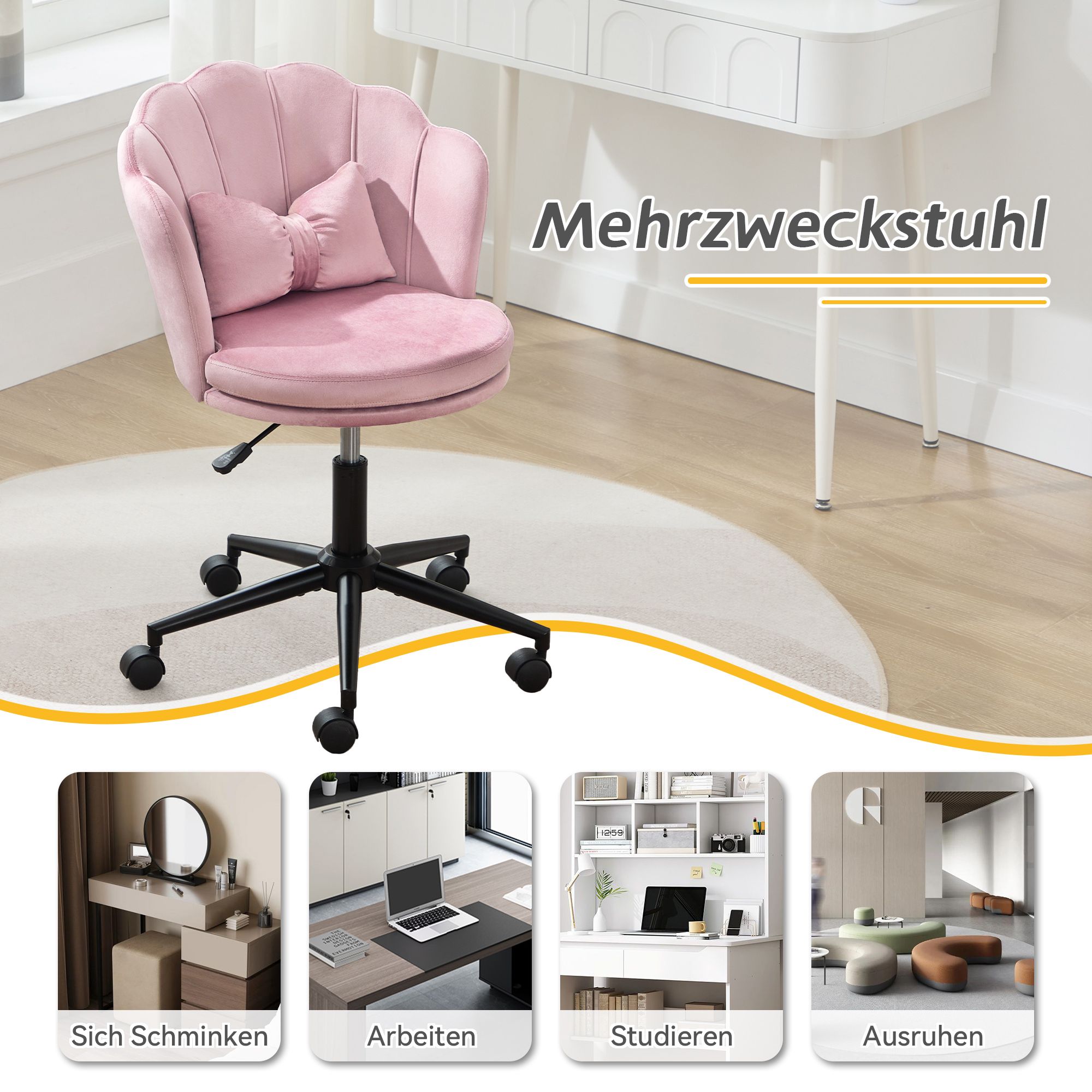 Flieks Bürostuhl ergonomisch, Stuhl drehbar Schminktisch, Schminkstuhl ohne Armlehne, Schreibtischstuh mit Blütenblatt-Rückenlehne, Rosa