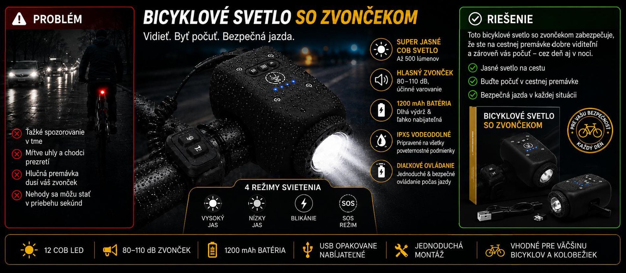 2 v 1 cyklistické svetlo s certifikáciou IPX5 a klaksónom s hlasitosťou 110 dB, cyklistická lampa s batériou 1200 mAh a digitálnym klaksónom, cyklistické osvetlenie Forne – LUMIHORN
