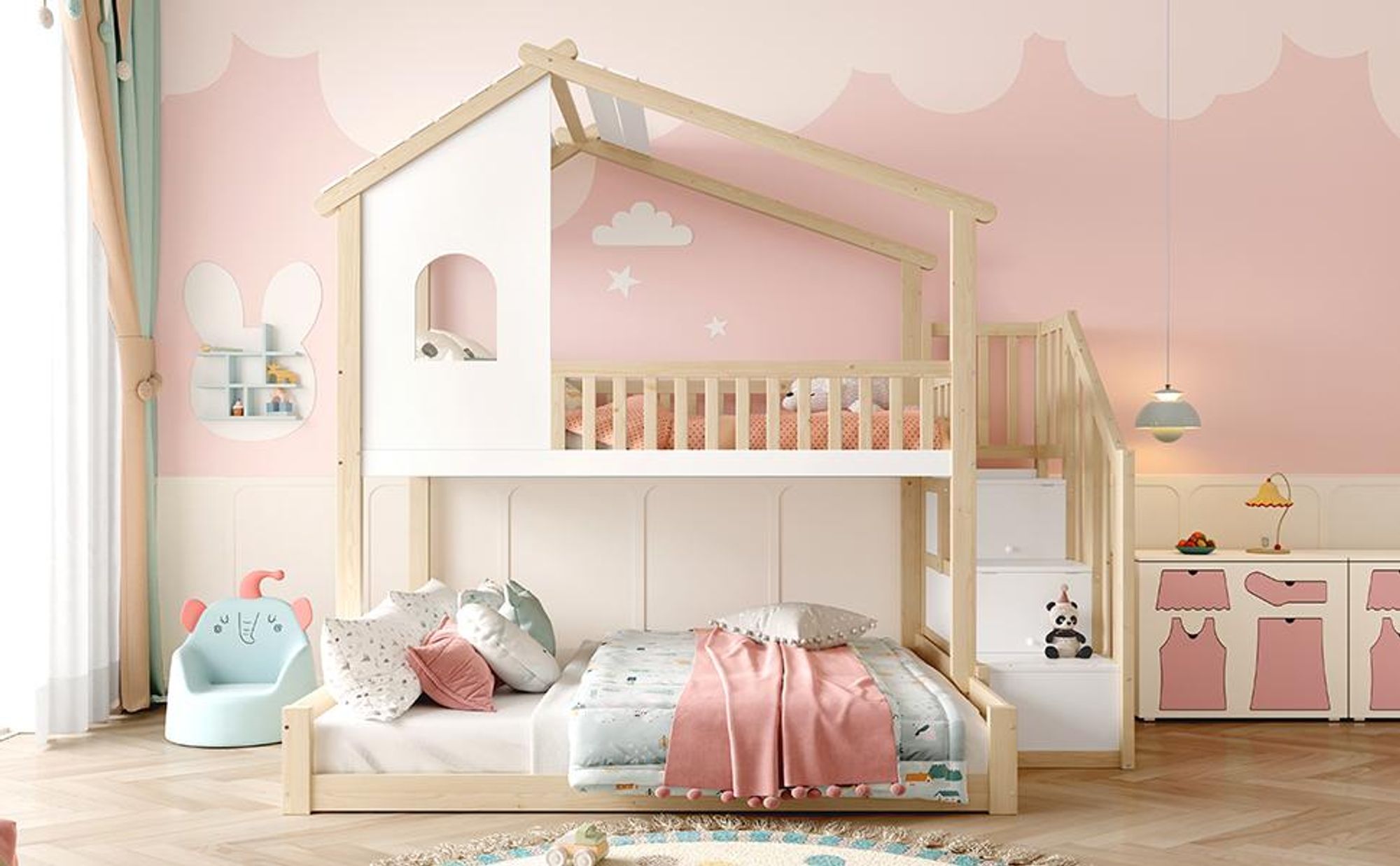 Merax Etagenbett 90x200+140x200 cm, Kinderbett mit Geländer, Fenster, Stauraumtreppe, Hausdesign Stockbett, Massivholzbett Jugendbett, Natur+Weiß