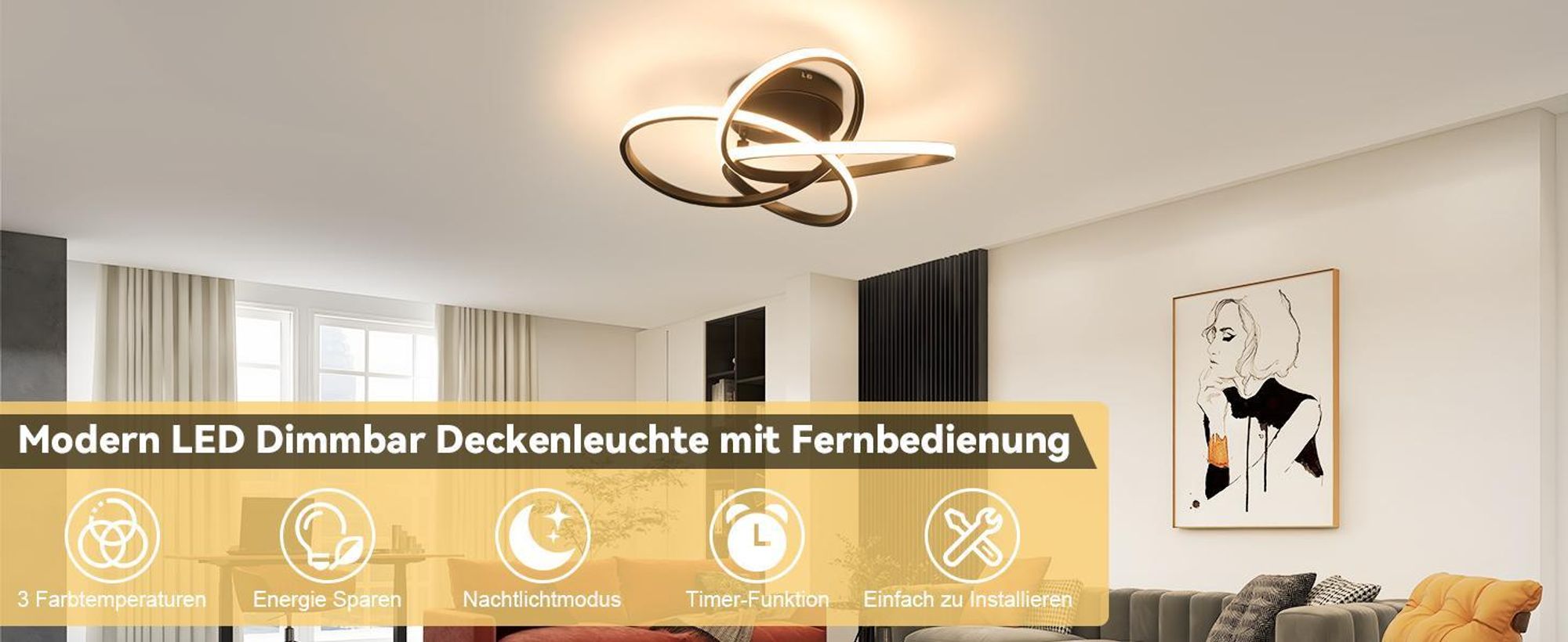 ZMH Deckenlampe LED Deckenleuchte Wohnzimmer 46W Dimmbar Schwarz Wohnzimmerlampe Modern Vierblättrige Blume Design Küchenlampe mit Fernbedienung Flur Metall Deckenleuchten für Küche Esszimmer