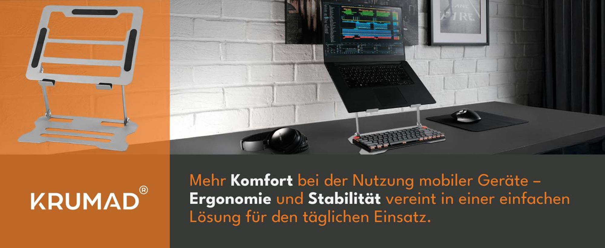 KRUMAD Laptop Ständer höhenverstellbar, klappbarer Notebook Ständer aus Metall, rutschfest & stabil, für Schreibtisch Sofa Bett, bis 8 kg
