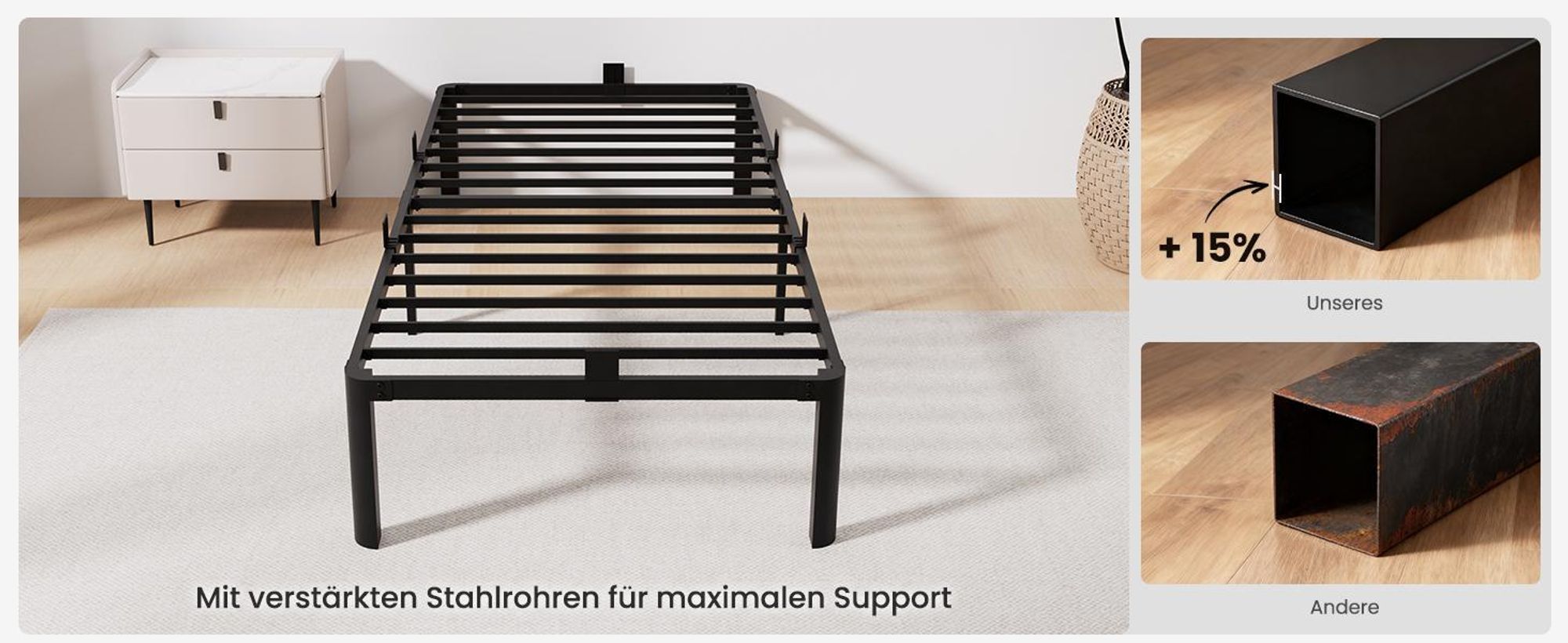 90 x 200 cm Bett , Bettgestell mit Stauraum, KUTAS Betten mit 14 Reihen Metalllamellen & fächerförmigen Füßen, Industriestil, bis 260 kg, Schwarz