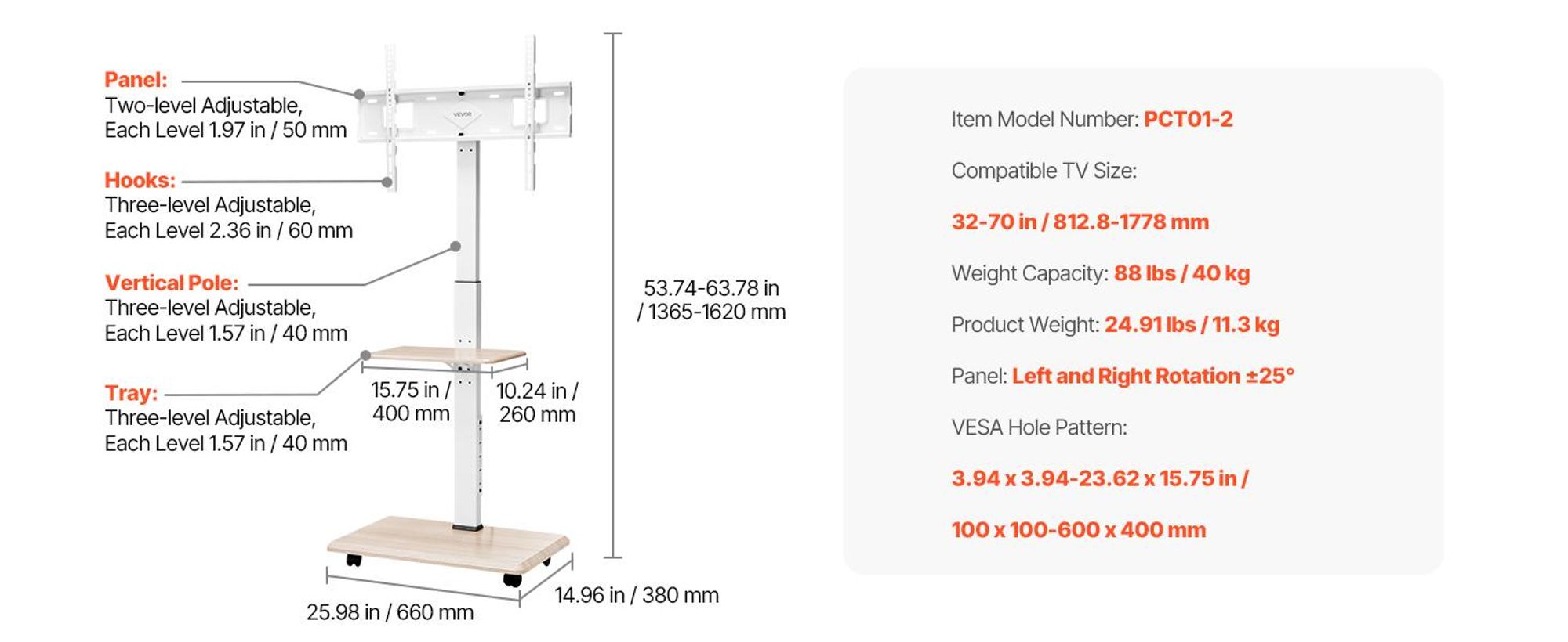 VEVOR TV-Ständer mit Rollen für 812,8–1778 mm große Fernseher bis 40 kg, 25° nach links und rechts schwenkbar und höhenverstellbarer TV-Ständer (max. 600 x 400 mm)