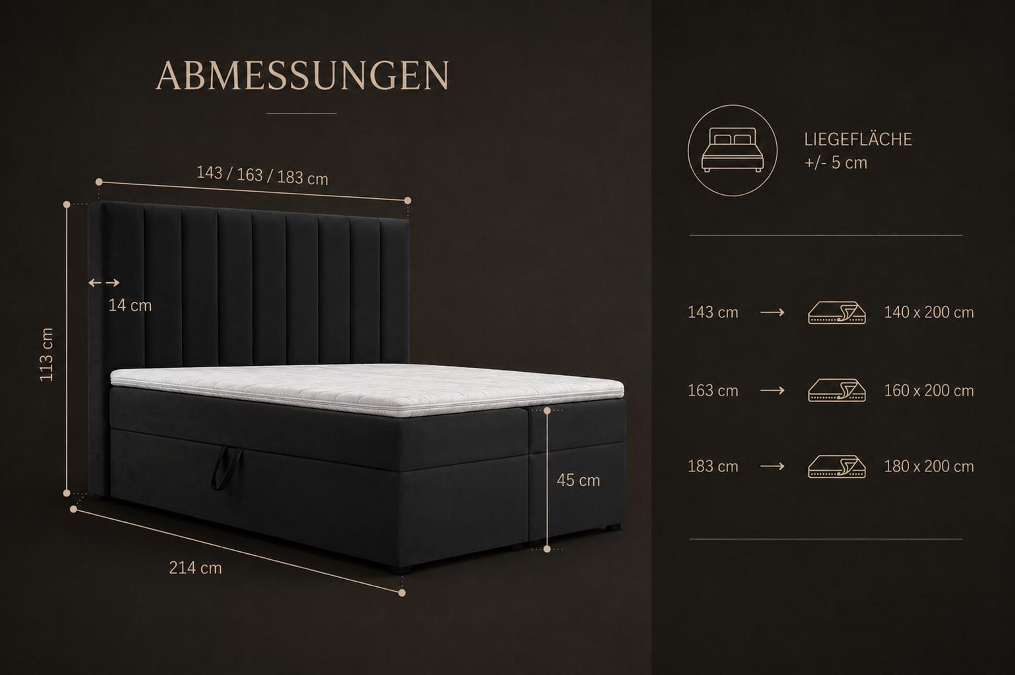 Kontinentalbett aus Samt, Polsterbett, Boxspringbett, dekorativem Kopfteil Doppelbett mit Bonell-Matratze, Topper und Bettkasten (gepolstertes Kopfteil, Boxspring) Boxspringbett Bett 01 –160x200 - Trinity 2 - Beige