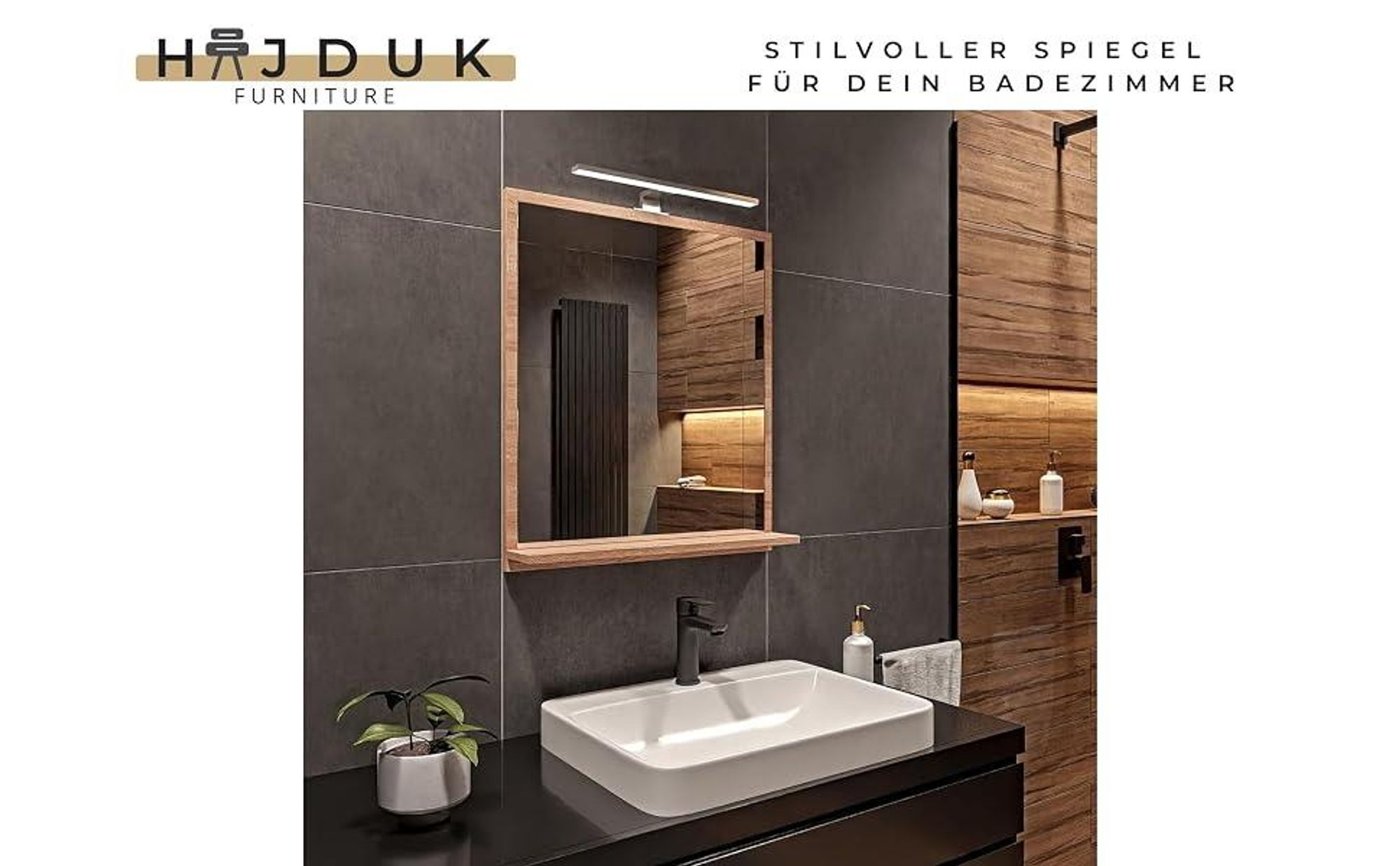 HAJDUK FURNITURE Badspiegel mit Beleuchtung 4000 K IP44 Schwarz H:70 x B:60 cm - Bathroom Mirror - Badezimmer Spiegel Rechteckig mit Ablage und LED