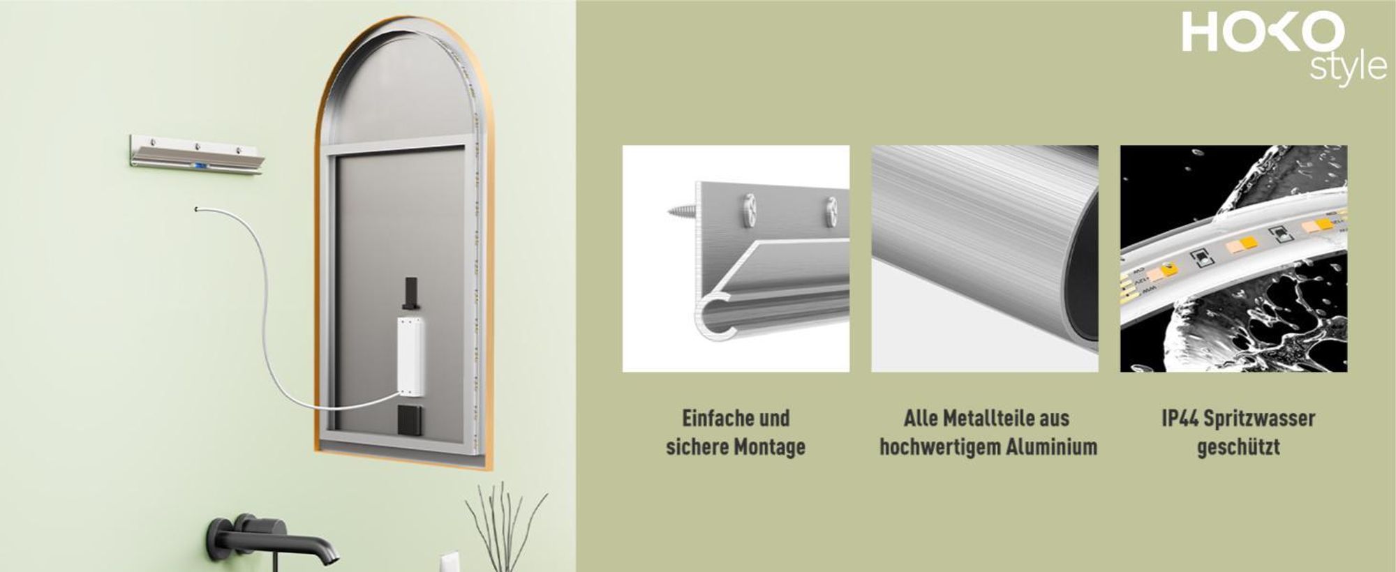 HOKO Badspiegel Bogen LED 60x100 cm mit Metallrahmen, HOCH+QUER Montage, Arch Lichtspiegel+Touch Schalter+Licht Wechsel 2700-6500K, Warmweiß-Kaltweiß
