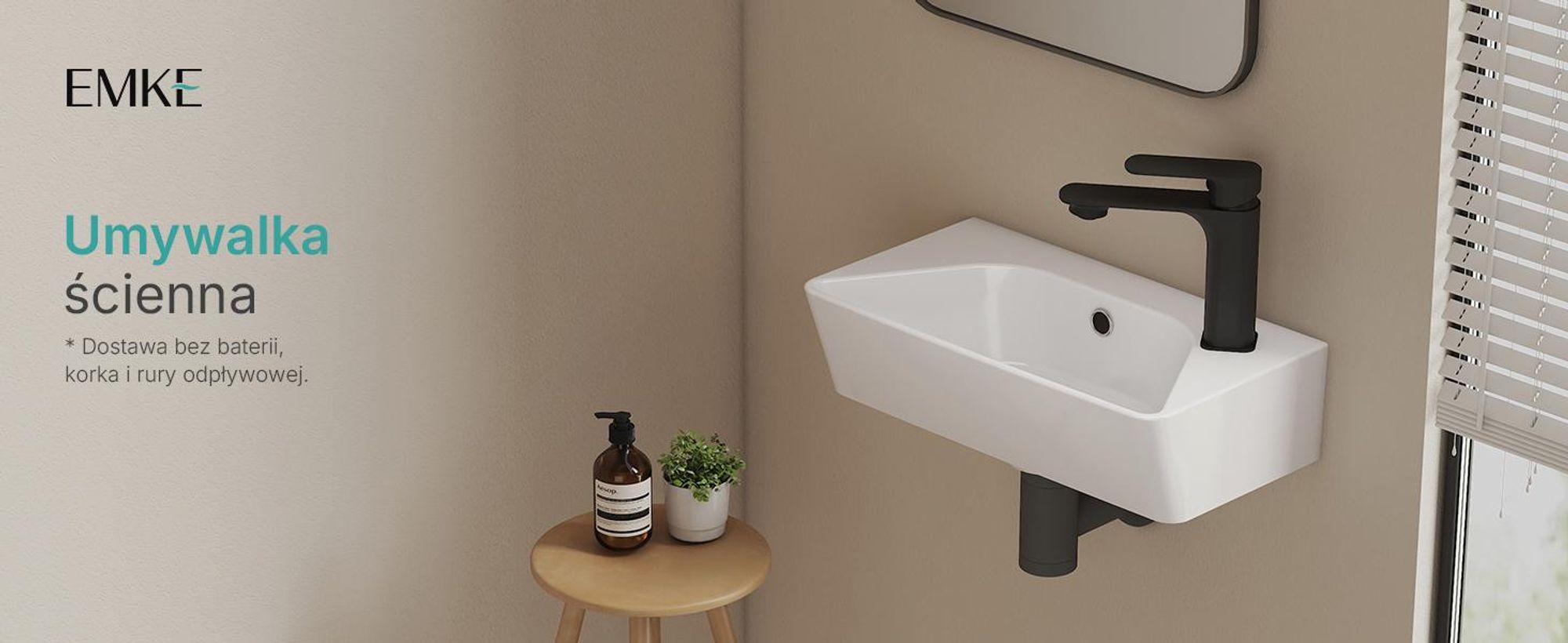 EMKE Umywalka ścienna ceramiczna prostokątna 400x225mm biały połysk Nowoczesna umywalka ścienna z otworem na baterię i przelewem do WC dla gości i małej łazienki
