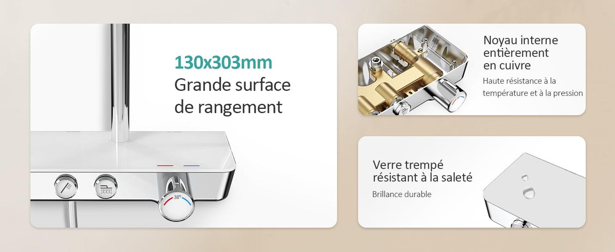 EMKE Système de douche avec thermostat en acier inoxydable Ensemble de douche avec douchette à main 3 fonctions, douche à effet pluie, panneau de douche, robinetterie de salle de bains & douche, KTW, chrome - F08