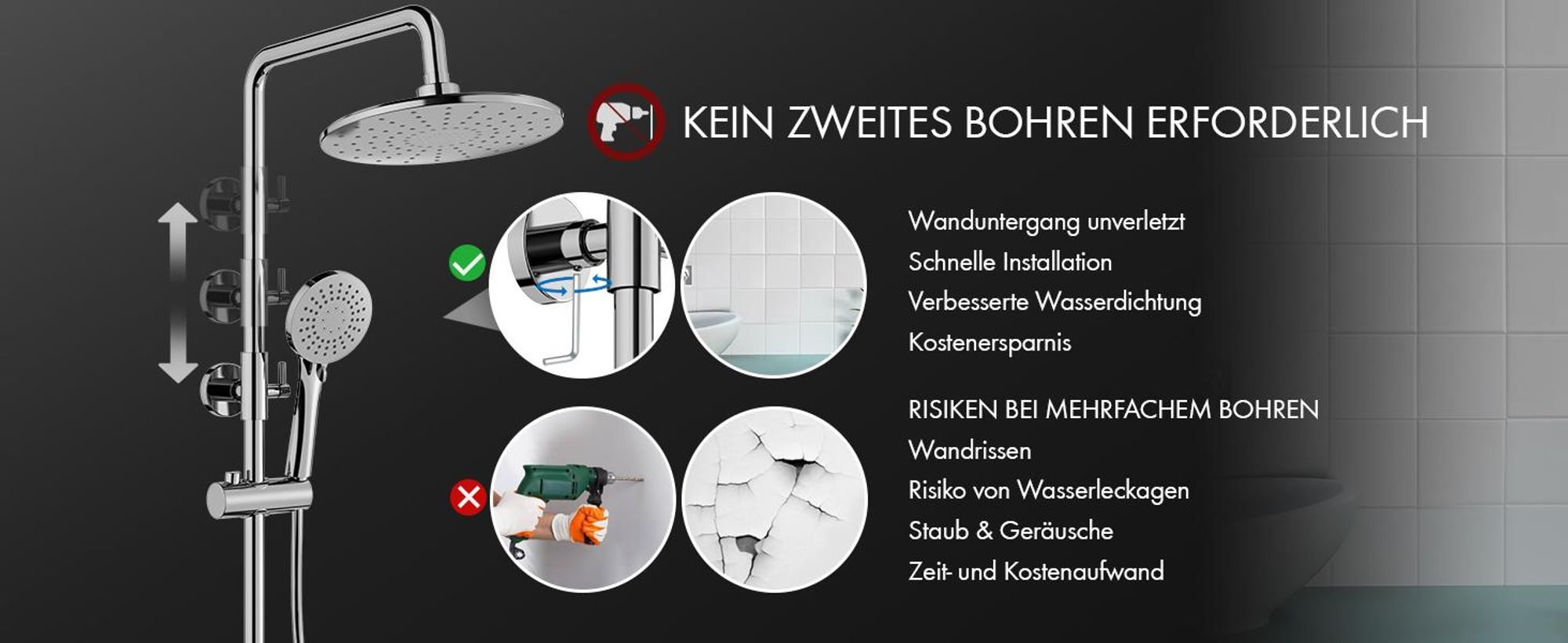Duschsystem mit 38 °C Thermostat Edelstahl & Regal, Edelstahl Duscharmatur Set mit Handbrause & Kopfbrause, 3 Strahlarten, Höhenverstellbar, Chrom