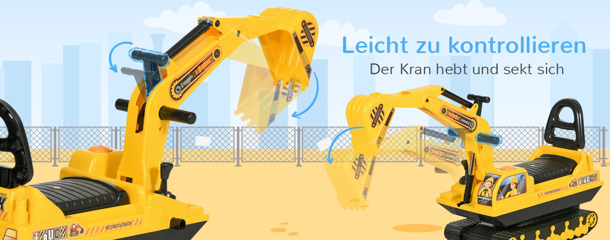 HOMCOM Kinder Sitzbagger Sandbagger für Kinder mit Schaufe, Hupe für 1,5-4 Jahre