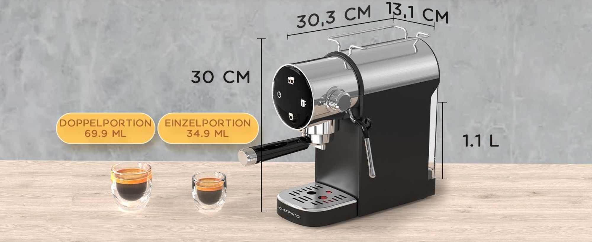 CHEFFANO Espresso Siebträgermaschine 20 Bar, Espressomaschine mit Milchsystem & Touchscreen, Edelstahl Kaffeemaschine für Cappuccino & Latte