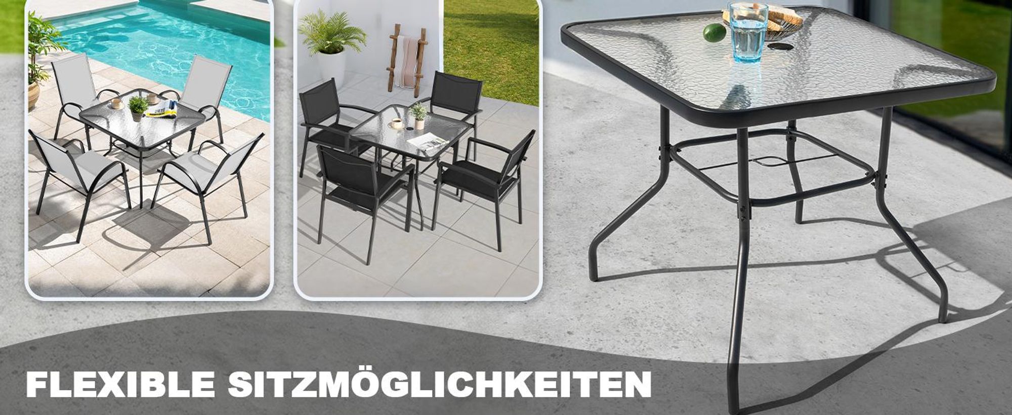 Gartentisch mit Tischplatte aus gehärtetem Glas, Schwarz