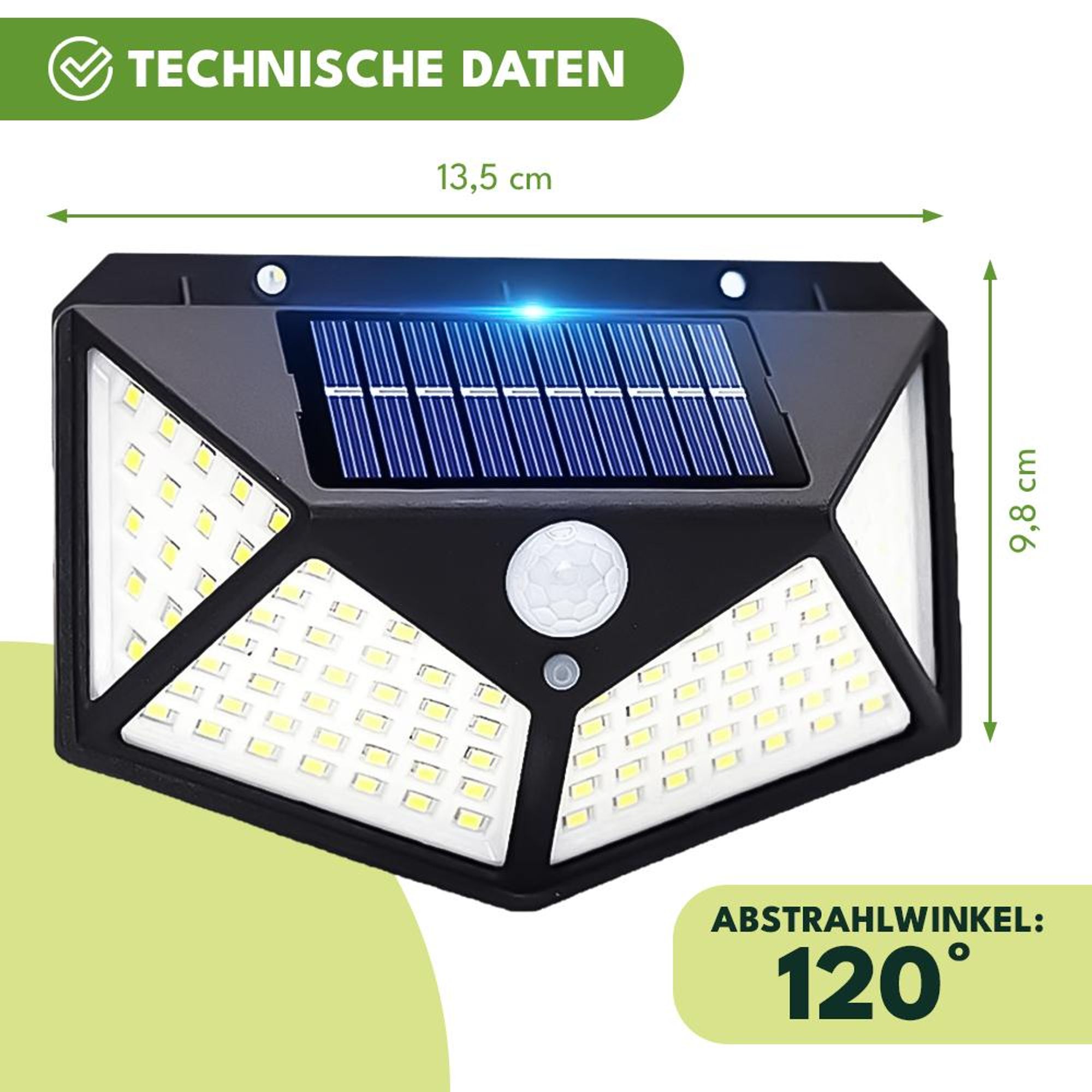 KRUMAD Solarleuchte Außen 100 COB 600 lm mit Bewegungsmelder & Dämmerungssensor, 3 Modi, IP65, 120° Abstrahlwinkel - für Garten, Terrasse, Wand