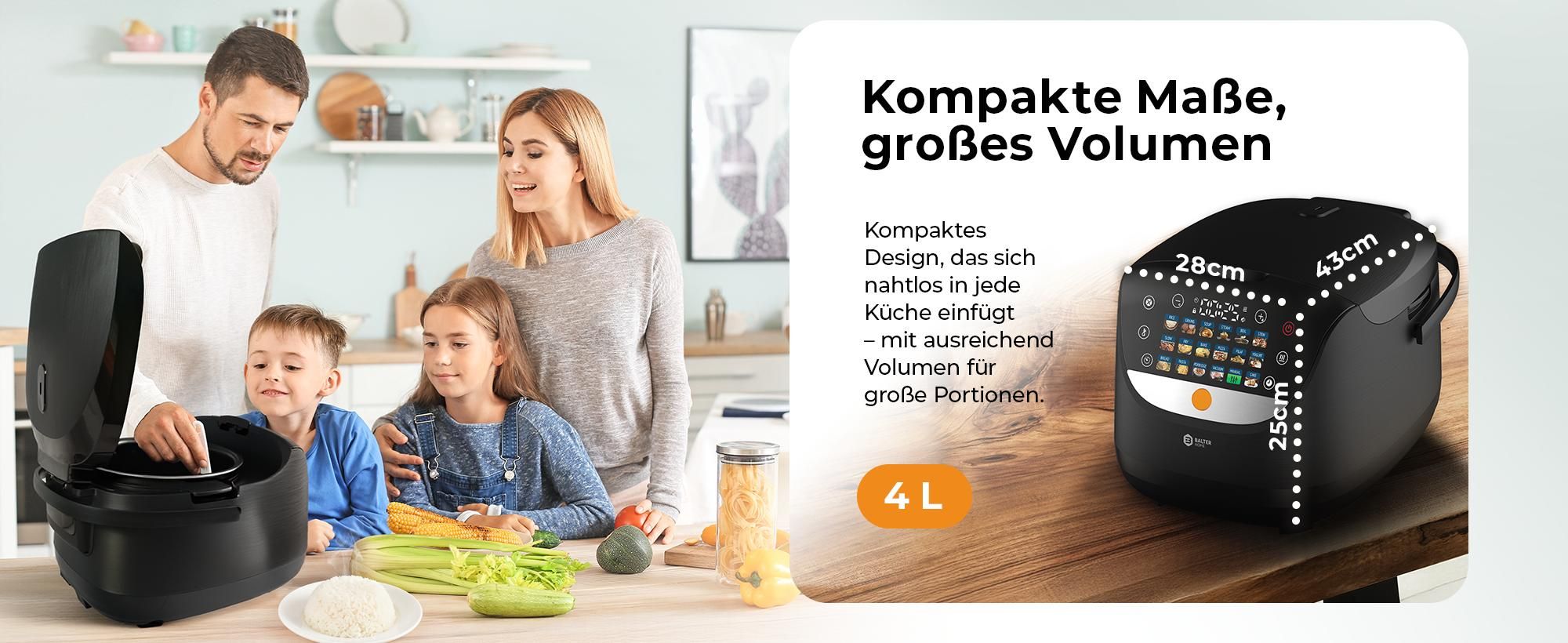 Balter Reiskocher, Multikocher 4L mit 18 Programmen & Warmhaltefunktion, Dampfgarer, Touch-Bedienfeld, Fuzzy-Logic, Premium-Topf, Klein, Schwarz