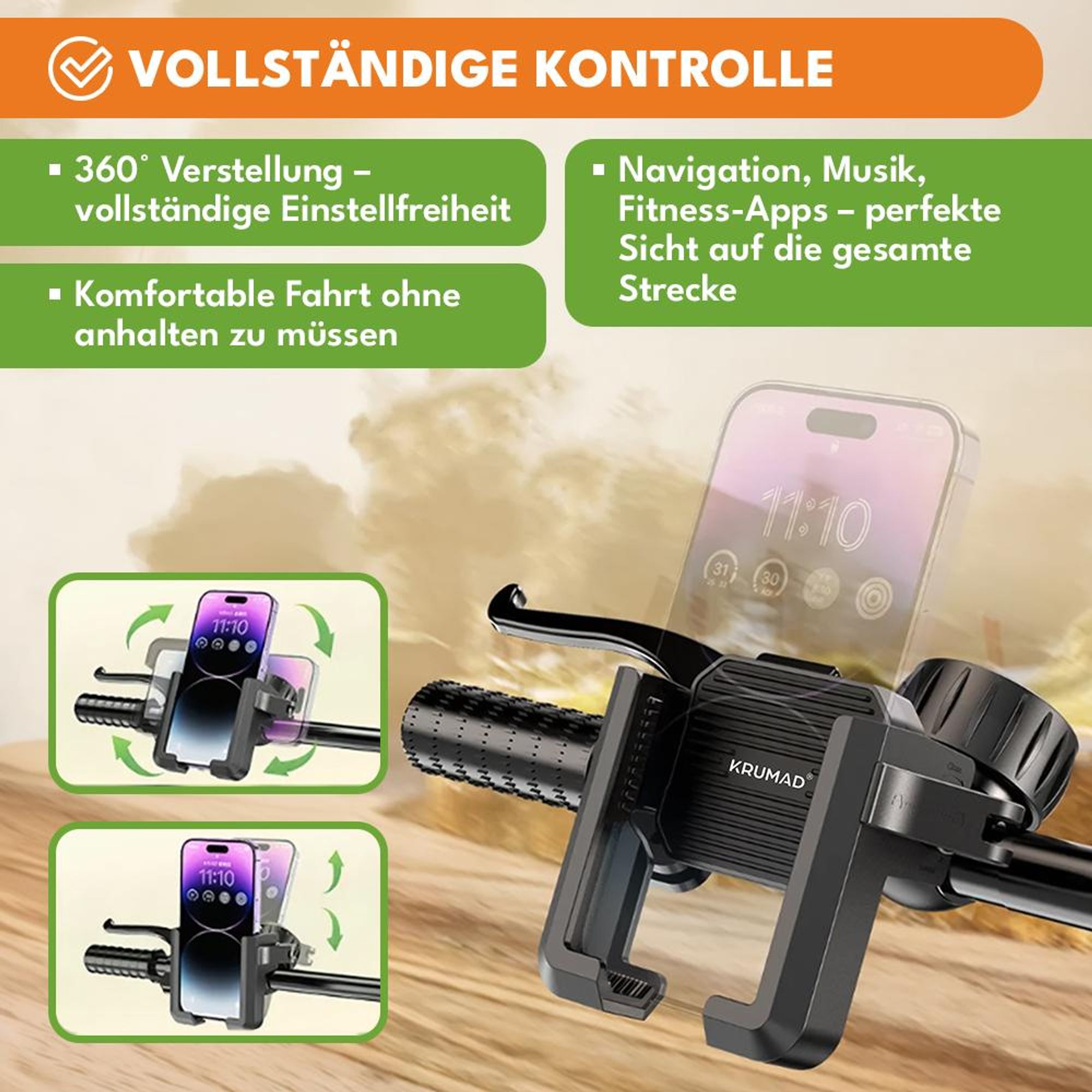 KRUMAD Handyhalterung Fahrrad 360° drehbar, für Smartphones 4,7–5,5", Universal Lenker-Halter für E-Bike, Motorrad, Scooter, stoßfest, rutschfest