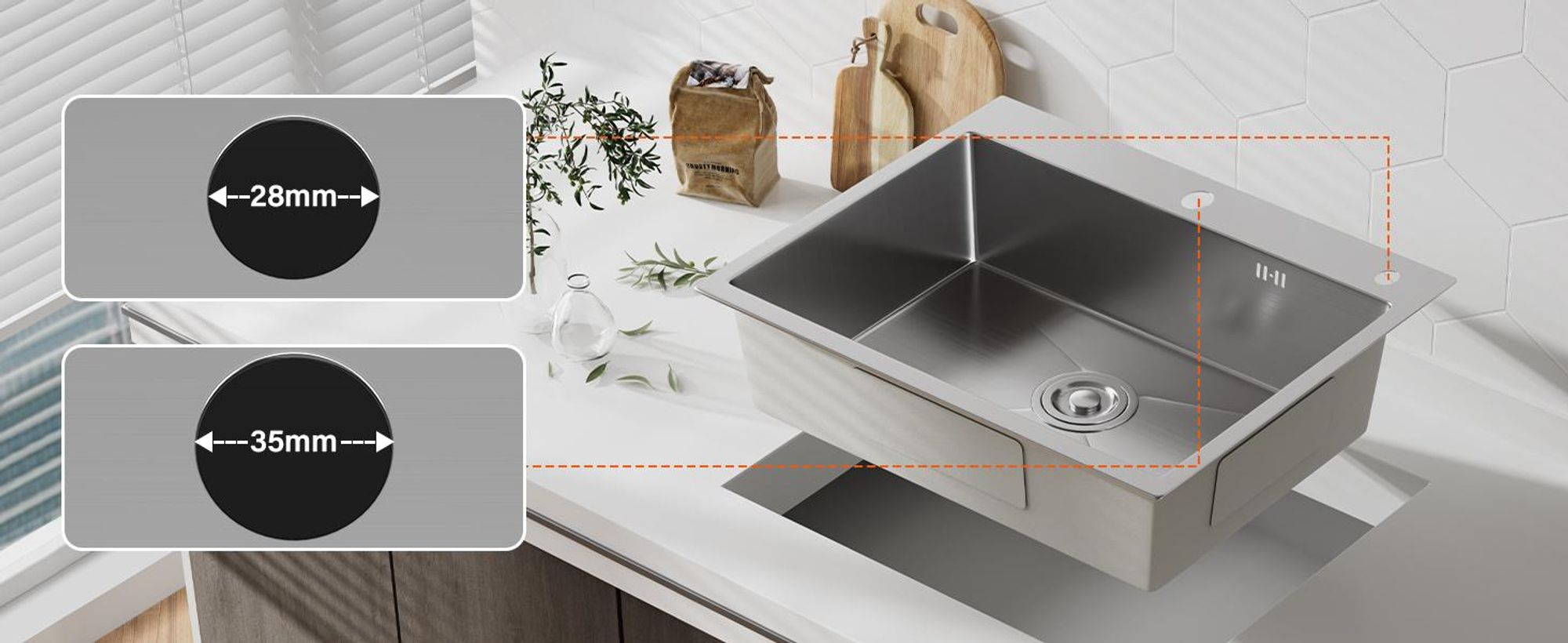 Spüle Einheit 1 Becken 50 x 45 cm, STANEW Edelstahlspüle mit Abflussfilter, Hahnlöchern und Seifenspender, Kompaktküche, Wohnmobil