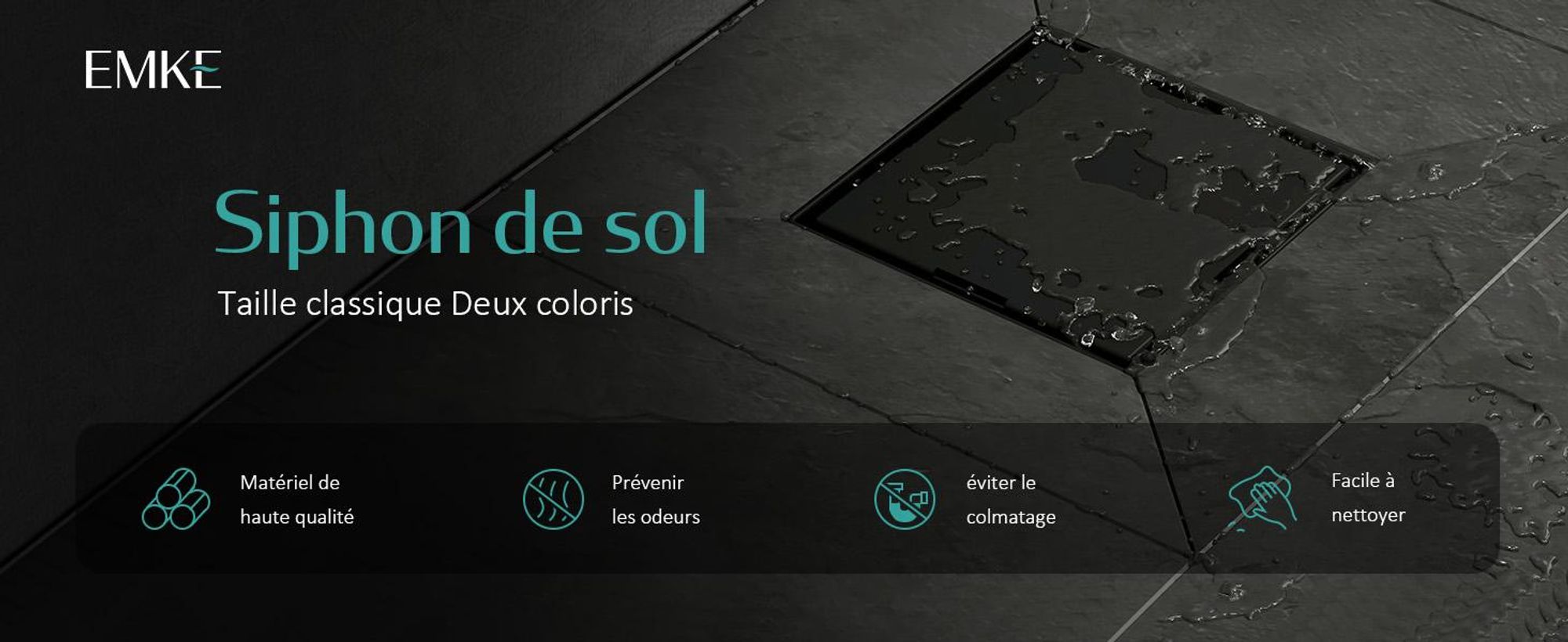 EMKE Siphon de sol en acier inoxydable, angle 152 x 152mm noir mat Garniture d'écoulement avec siphon anti-odeur et tamis à cheveux, kit d'écoulement de douche trou d'écoulement